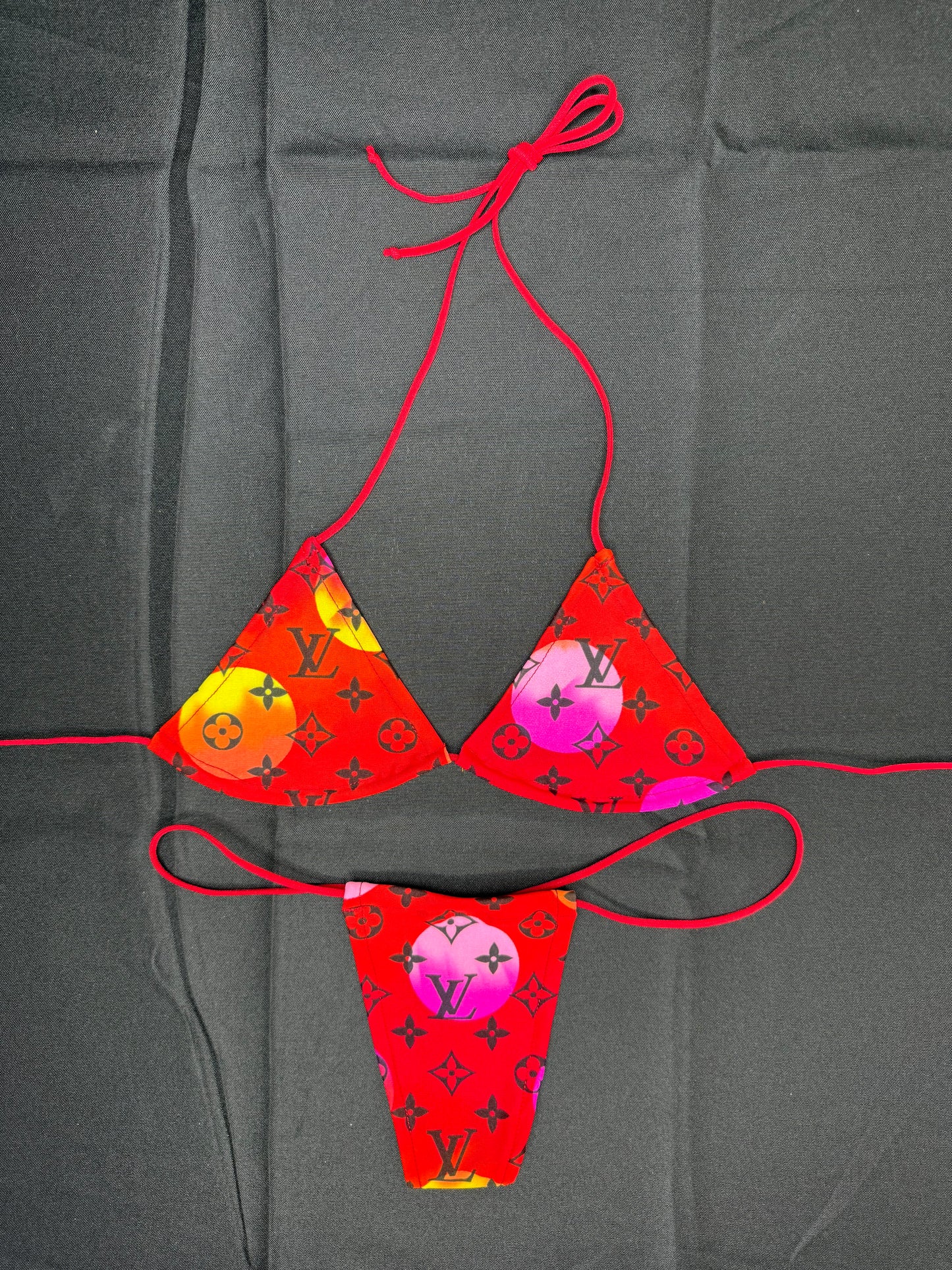 Red Designer Spandex Two-Piece Micro Bikini Lingerie Outfit