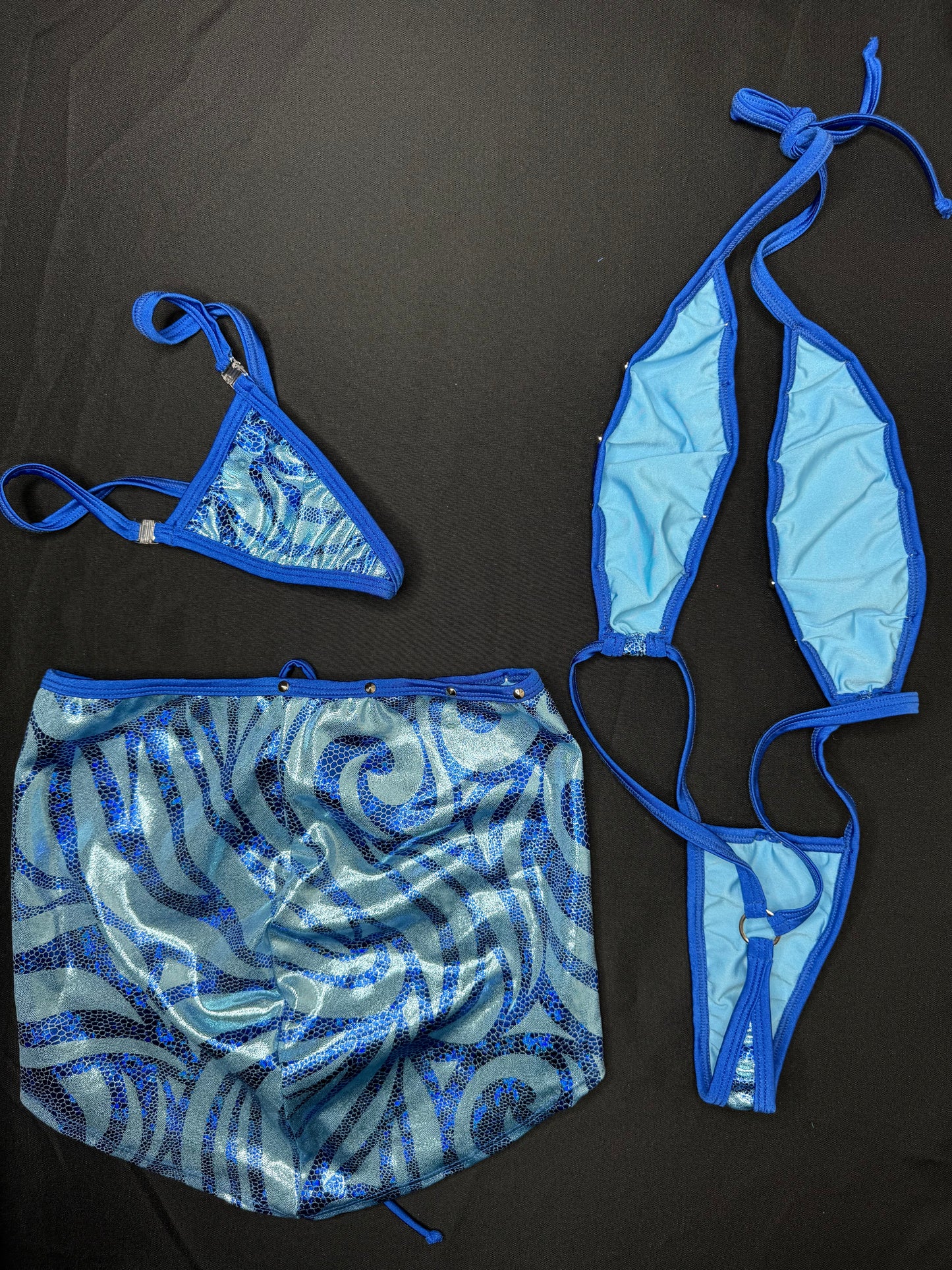 Royal Blue/Baby Blue Three-Piece Slingshot/Skirt Lingerie Outfit