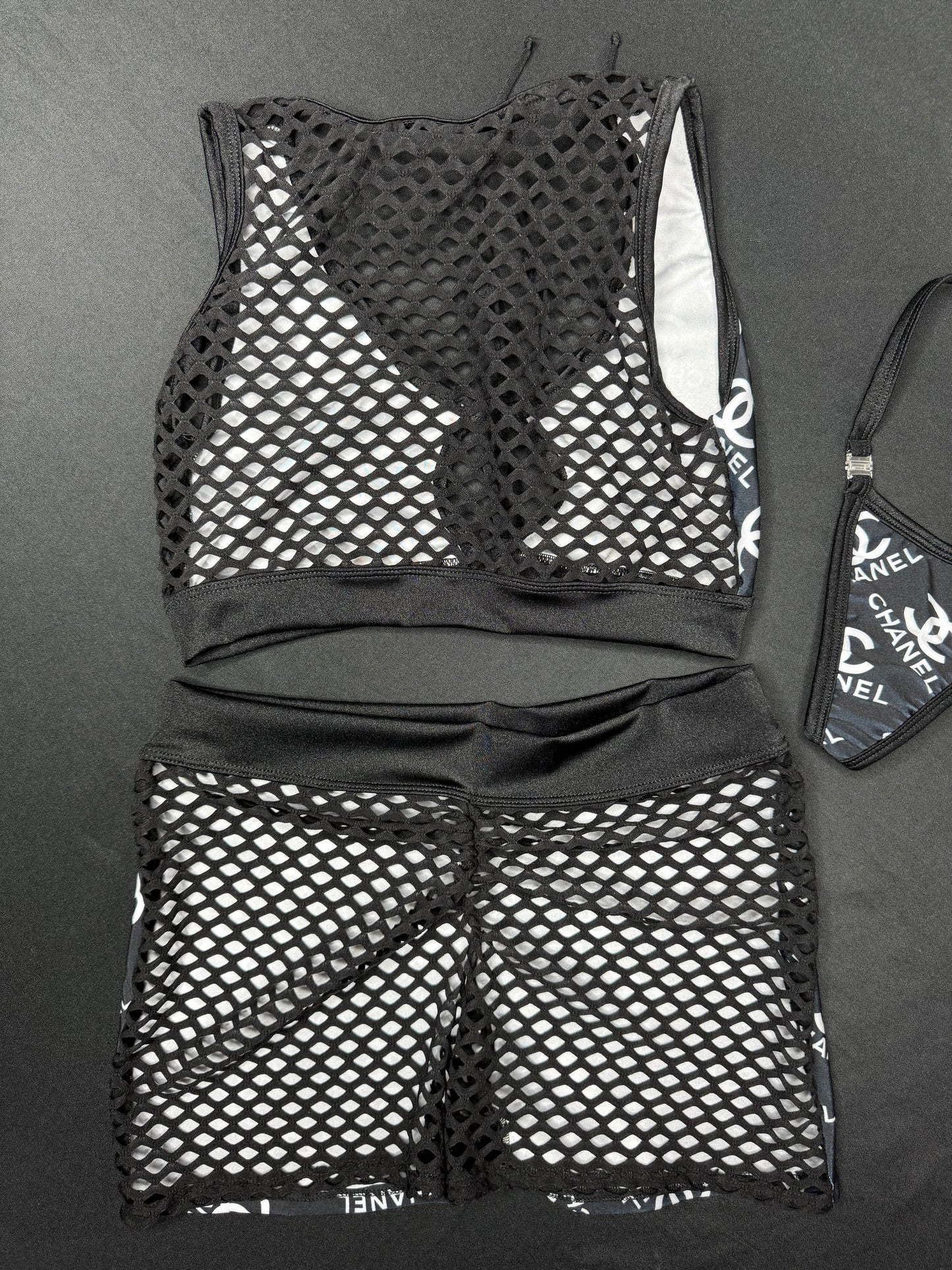 Black Designer Sports Bra/Fishnet Spandex Shorts Two-Piece Lingerie Outfit