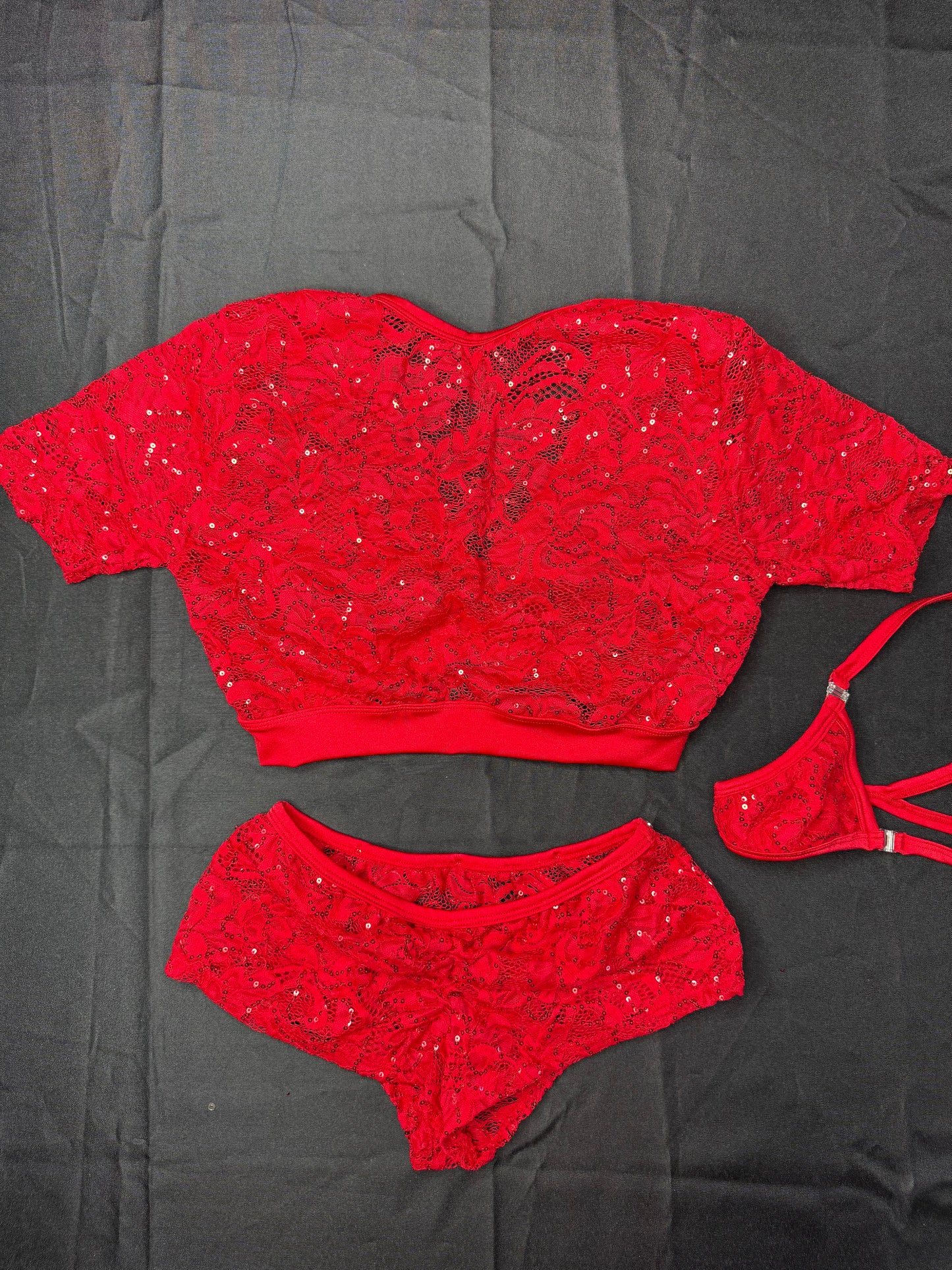 Red Sequence Lace Short Sleeve/Shorts Two-Piece Lingerie Outfit