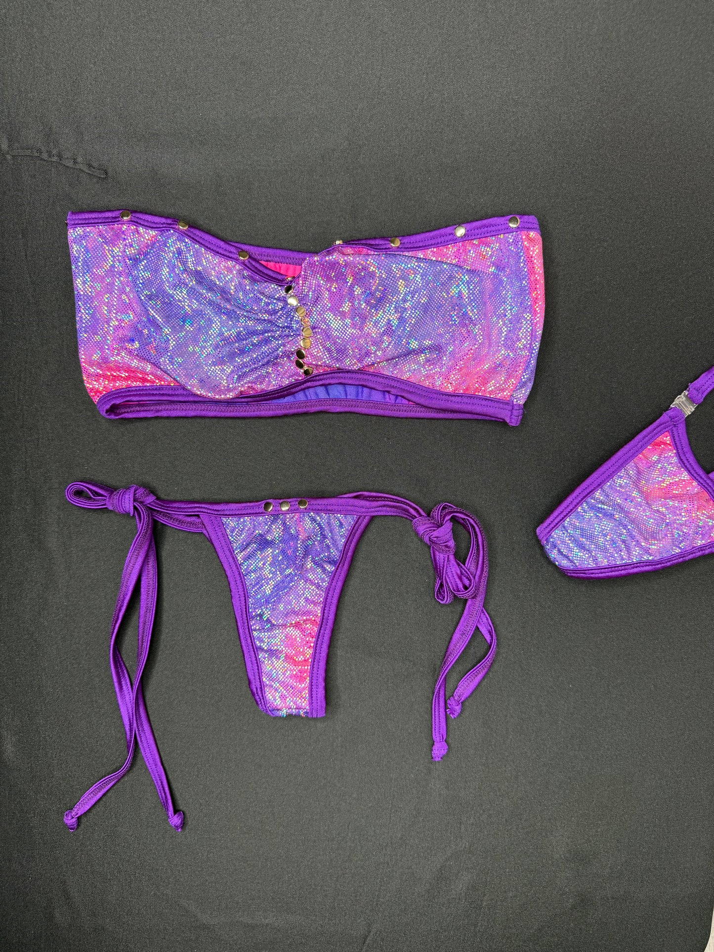 Metallic Purple/Pink Tube Top/Side-Tie Bikini Bottoms Two-Piece Lingerie Outfit