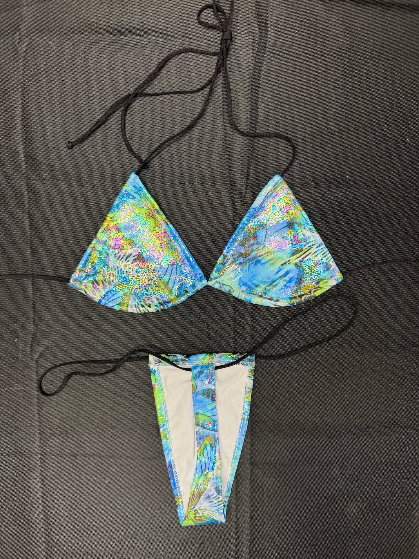 Holographic Butterfly Print Micro Bikini Lingerie Outfit