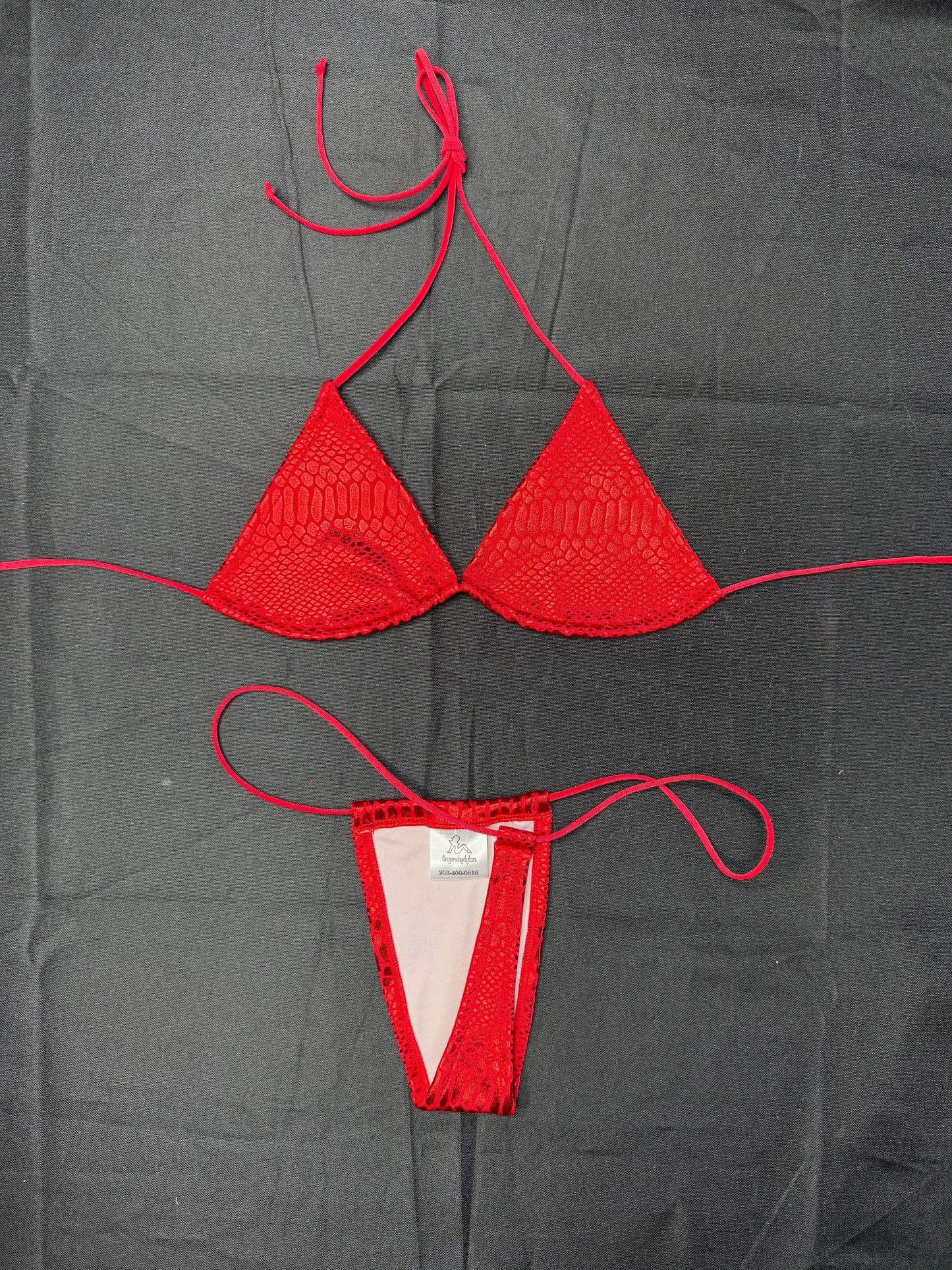 Red Snake Skin Animal Print Two-Piece Micro Bikini Lingerie Outfit