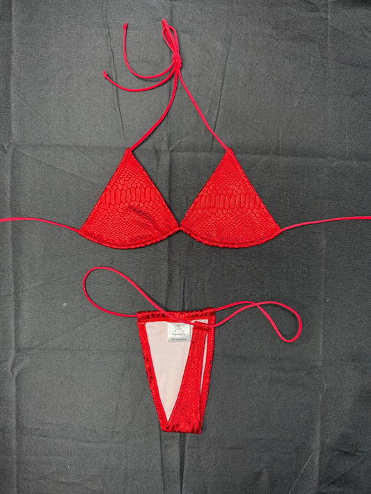 Red Snake Skin Animal Print Two-Piece Micro Bikini Lingerie Outfit