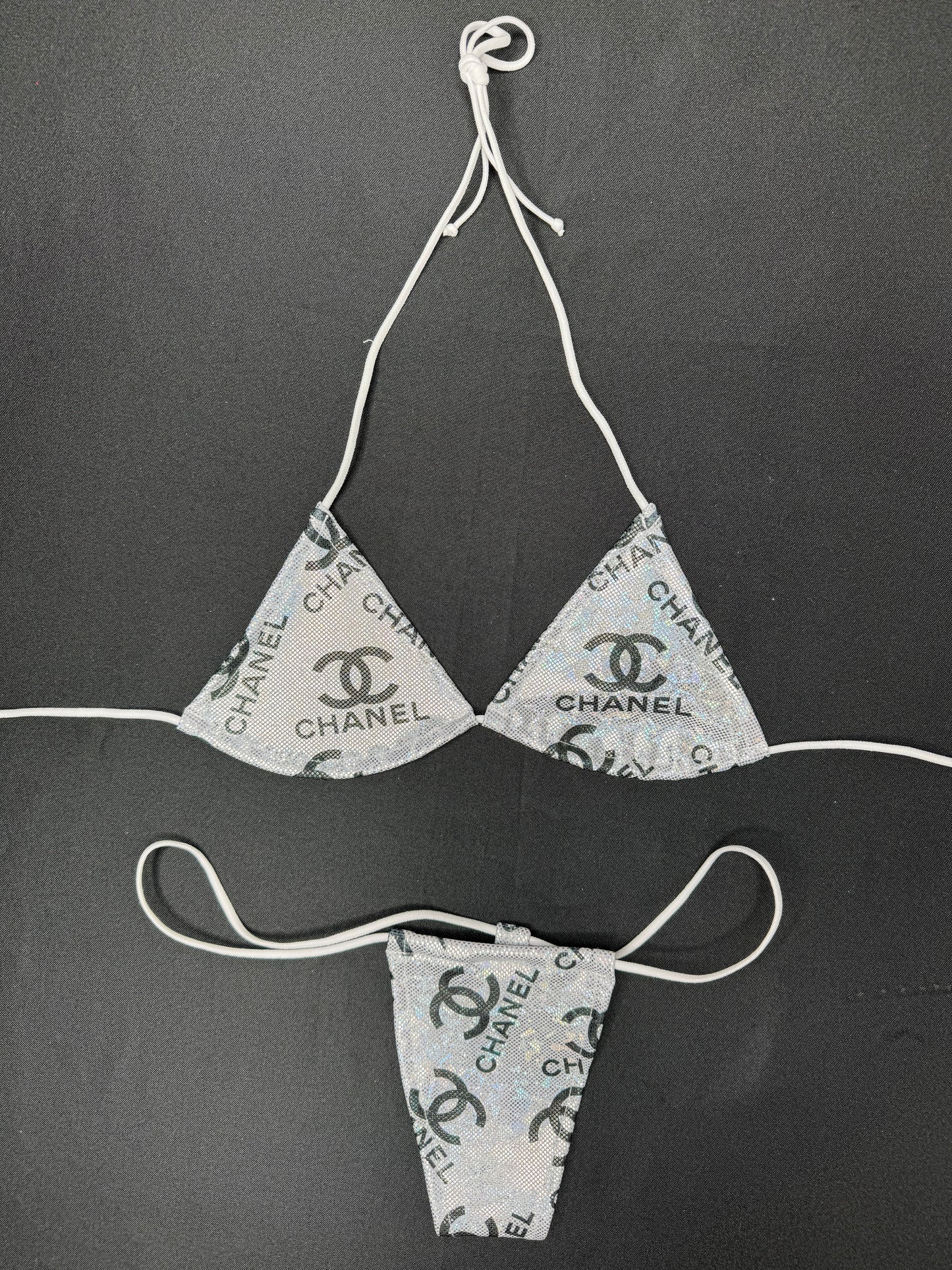 Silver Holographic Designer Two-Piece Micro Bikini Lingerie Outfit