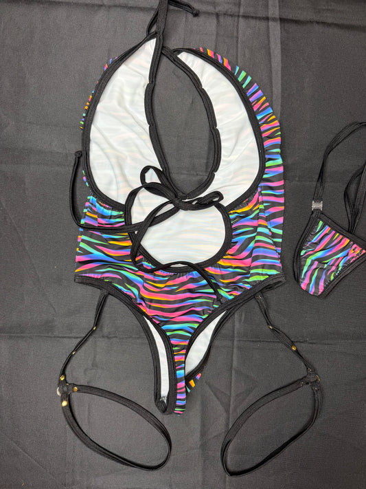 Neon Rainbow Zebra Print/Black Spandex One-Piece Garters Lingerie Outfit