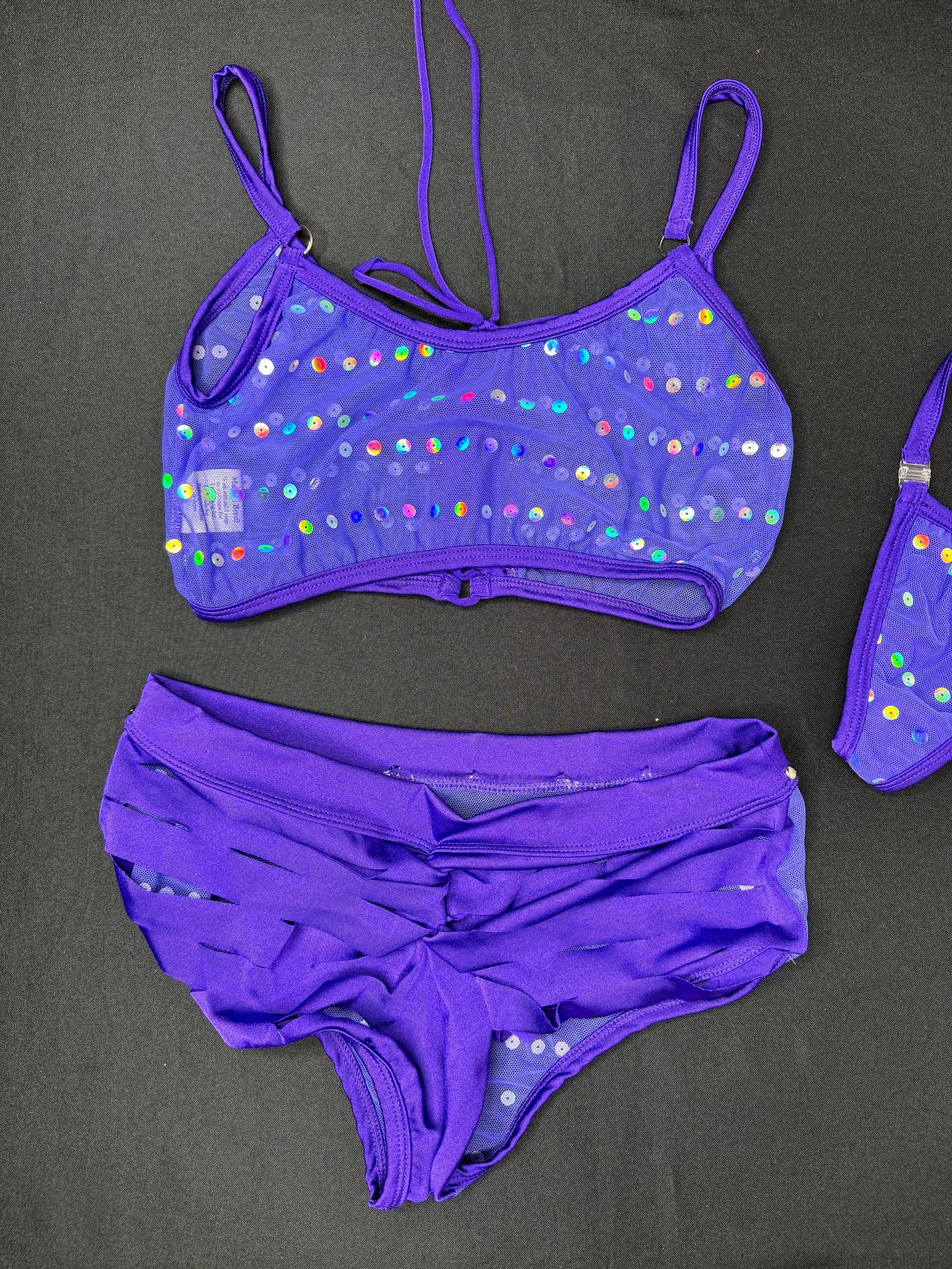 Purple Mesh Sports Bras/Shorts Ripped Back Two-Piece Lingerie Outfit