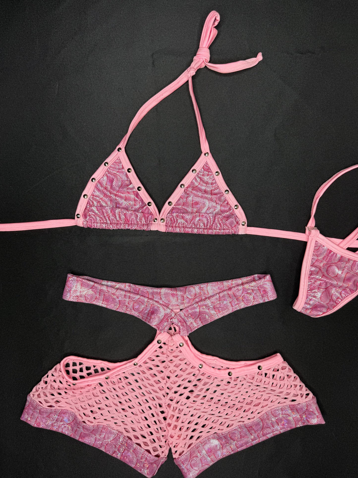 Metallic Baby Pink Designer Bikini Top/Shorts Lingerie Outfit