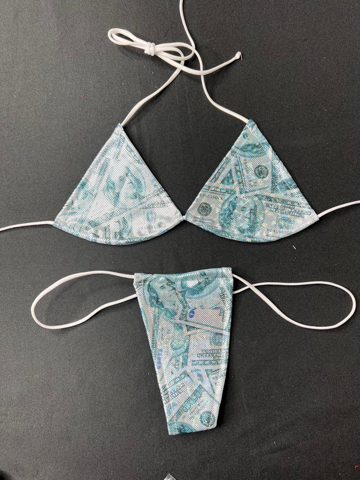Holographic Blue Money Print Two-Piece Micro Bikini Lingerie Outfit