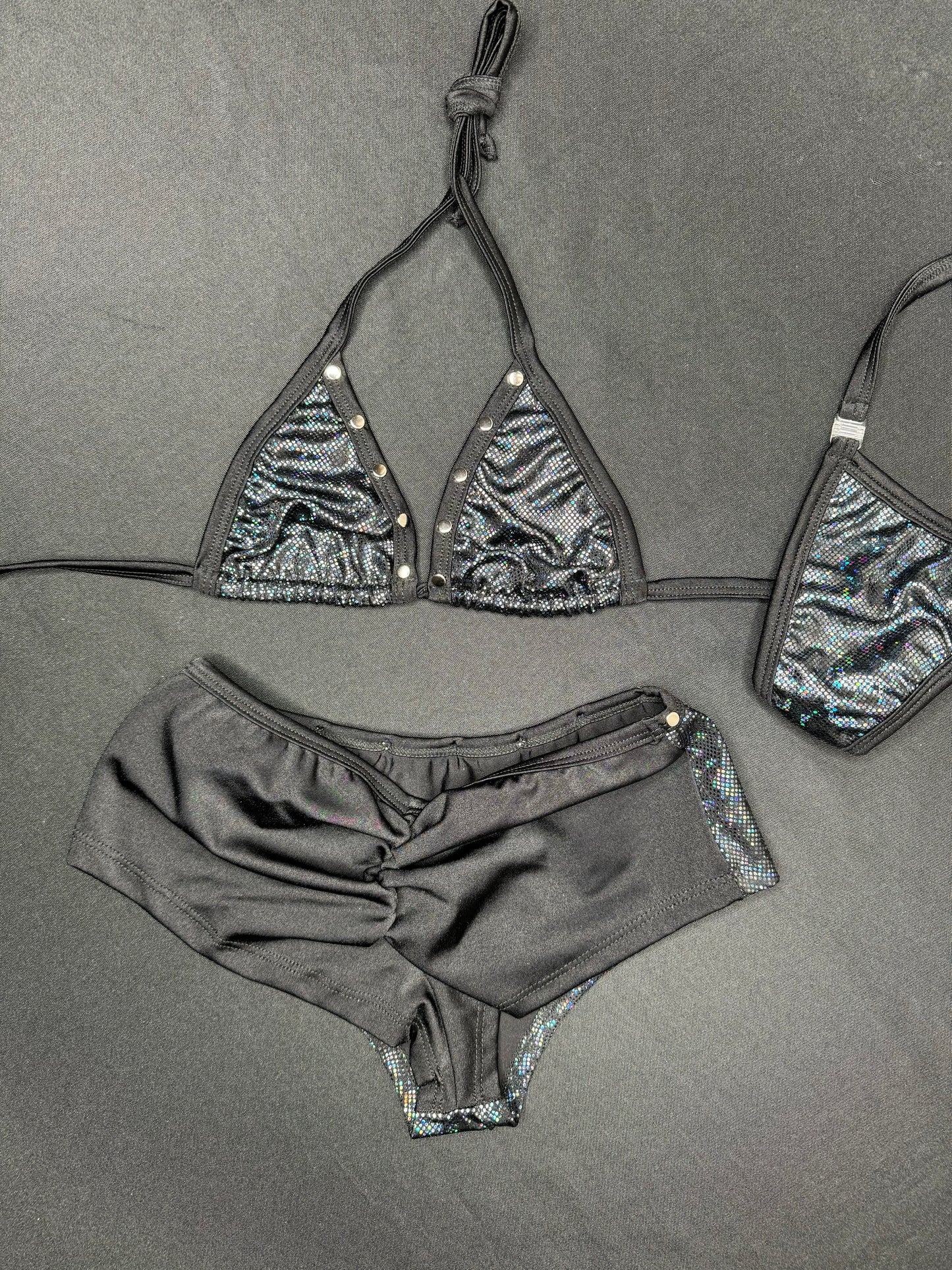 Metallic Black Bikini Top/Shorts Two-Piece Lingerie Outfit