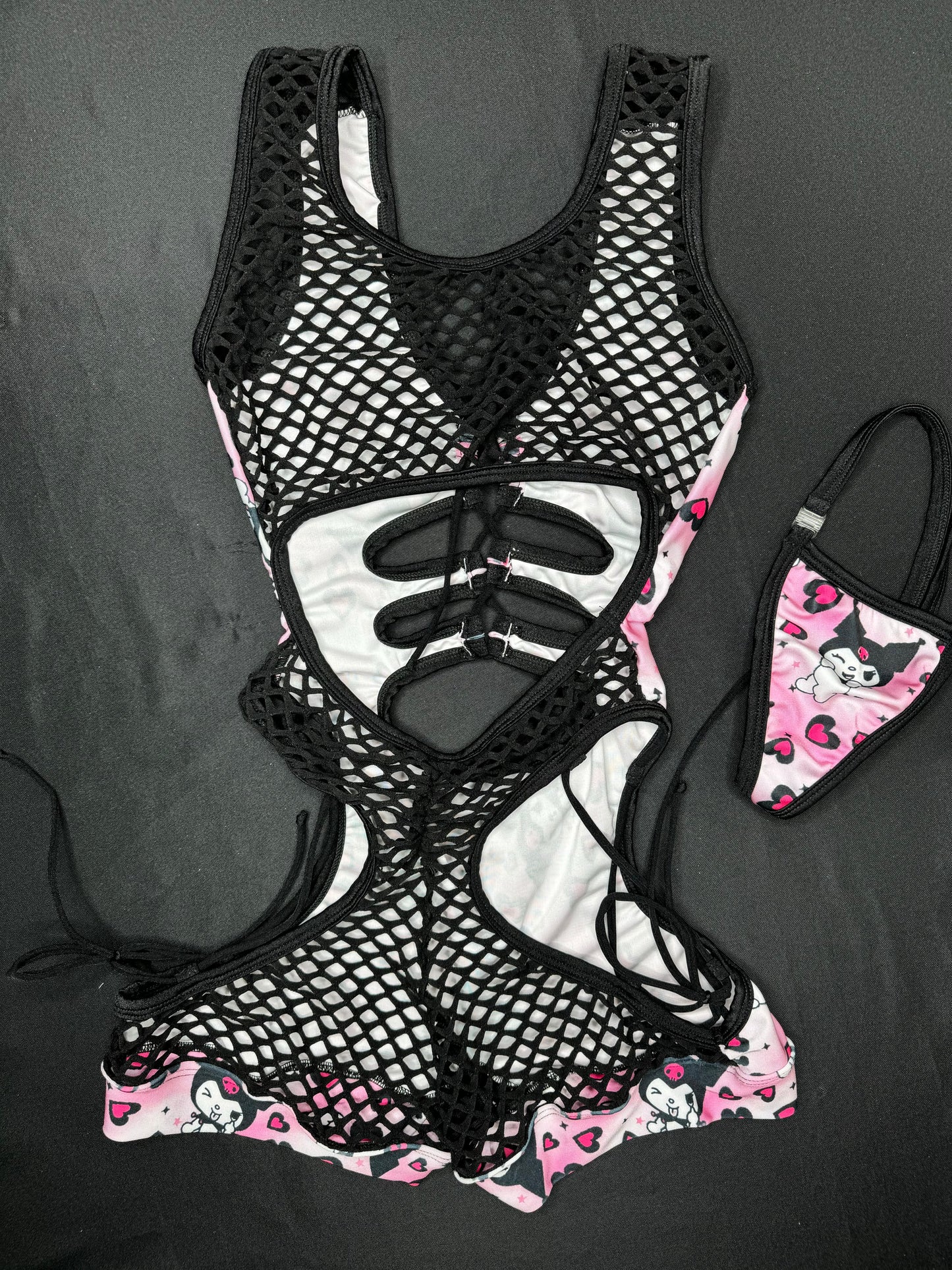 Baby Pink Kuromi Hearts Spandex/Black Fishnet Two-Piece Fringe Exotic Dancer Outfit