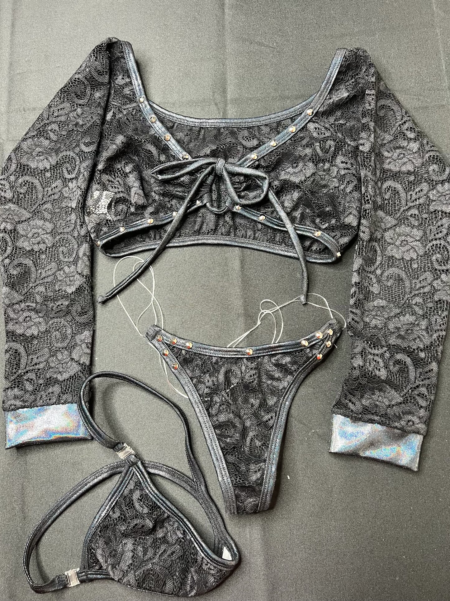 Black Flower Pattern Lace Two-Piece Exotic Dancer Outfit
