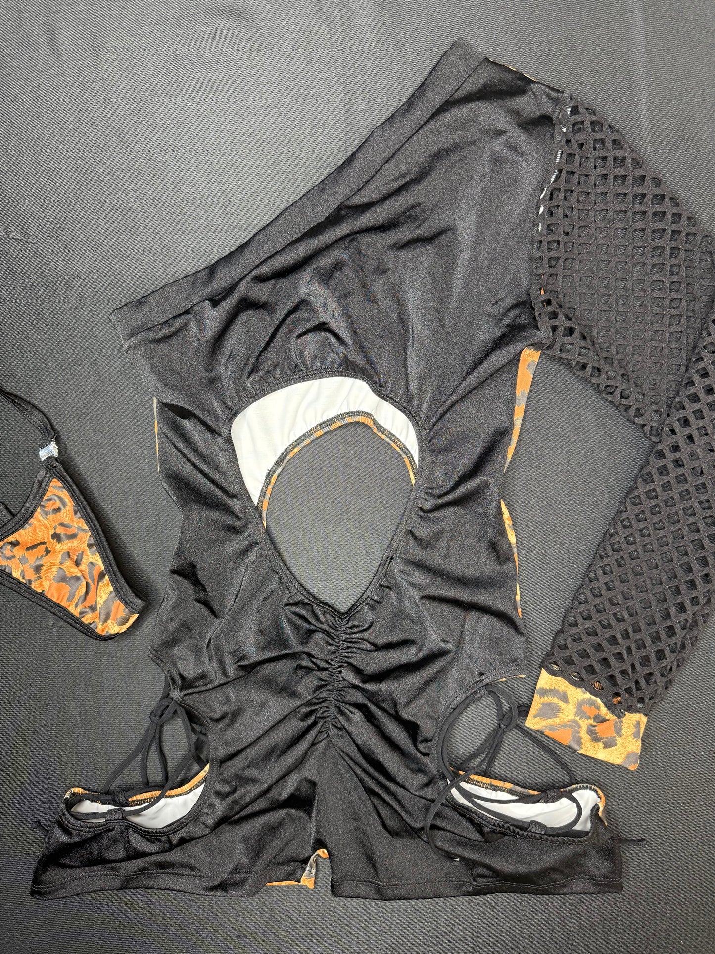 Animal Print Spandex/Black Mesh Single Sleeve One-Piece Romper Lingerie Outfit