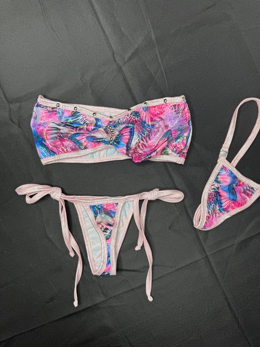 Butterfly Print Spandex Tube Top/Side-Tie Bikini Bottoms Two-Piece Lingerie Outfit