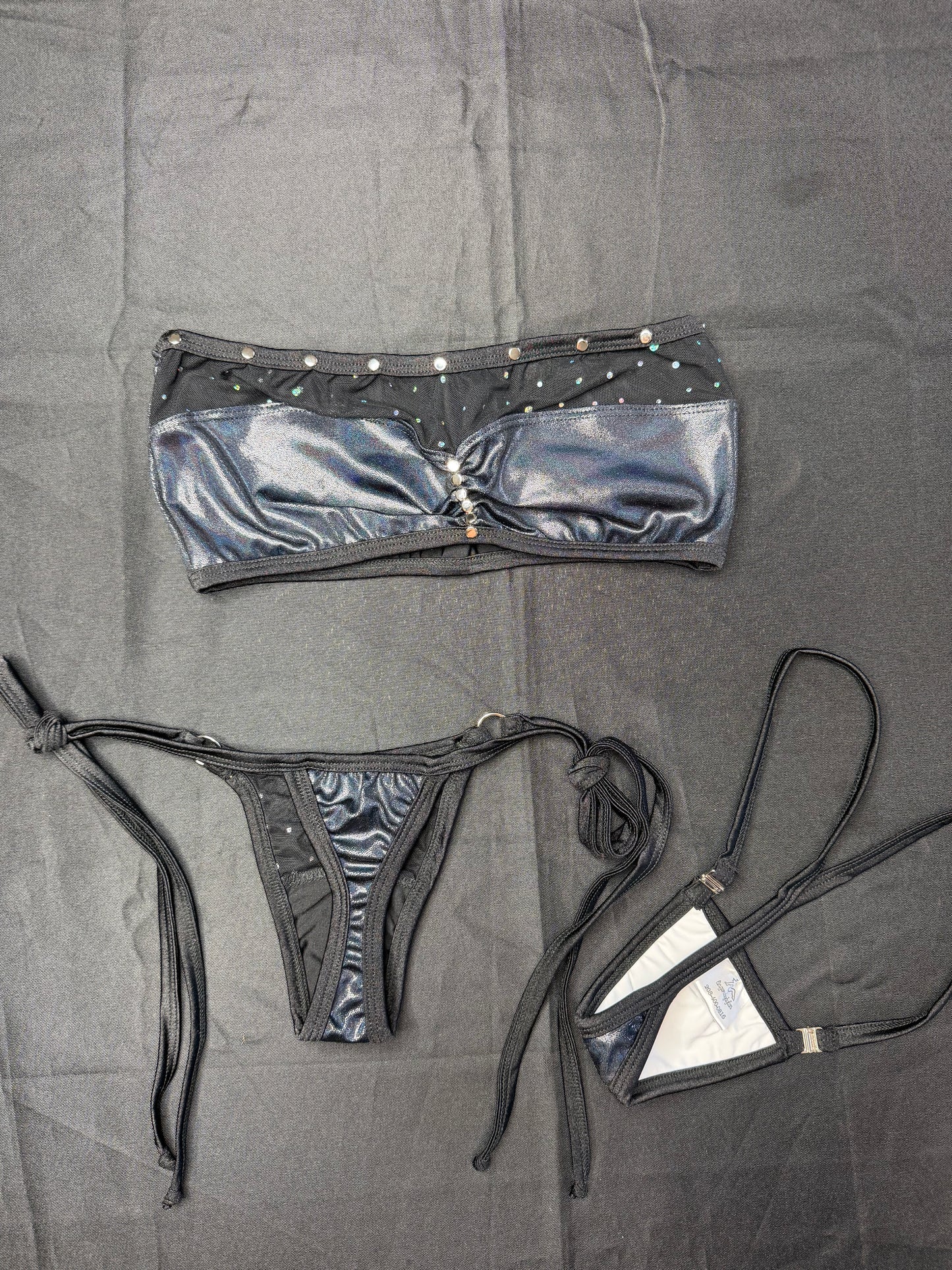 Metallic Black Spandex/Black Mesh Tube Top Bikini Two-Piece Lingerie Outfit