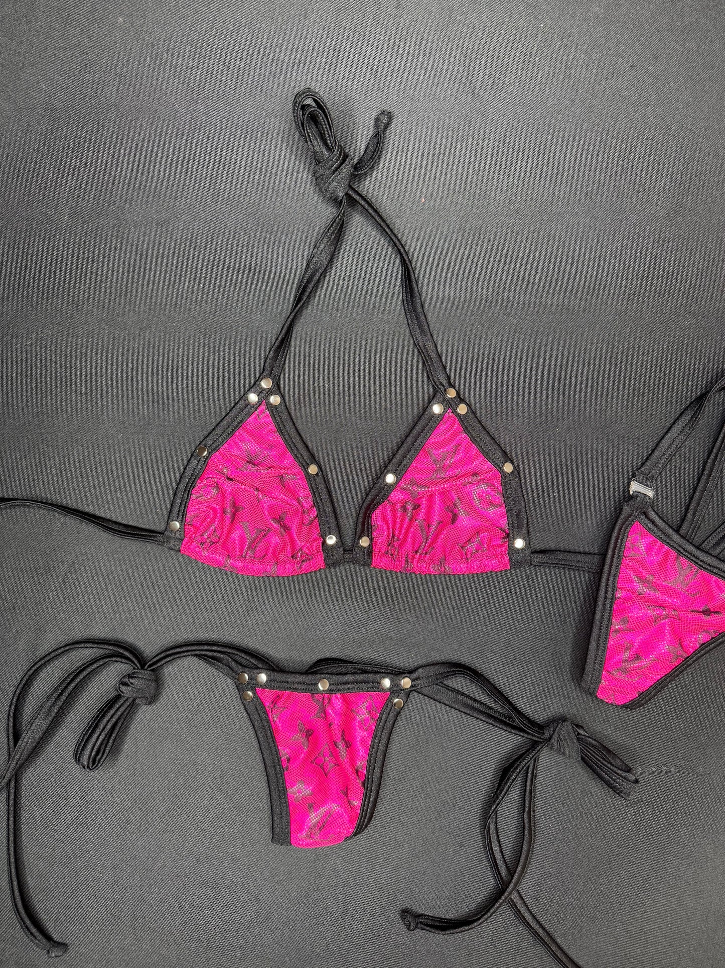 Hot Pink Designer/Black Spandex Two-Piece Side-Tie Bikini Lingerie Outfit