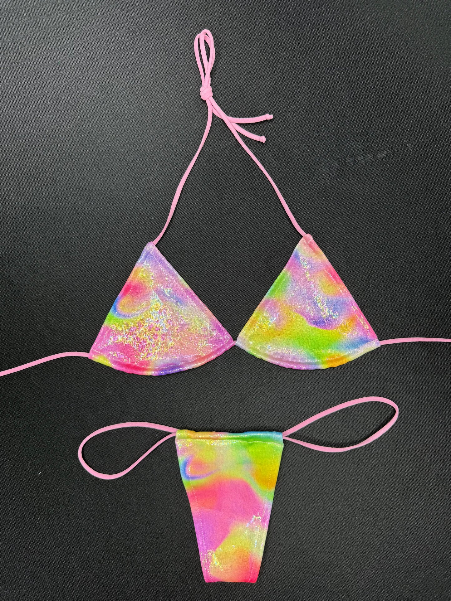 Holographic Rainbow Print Two-Piece Micro Bikini Lingerie Outfit