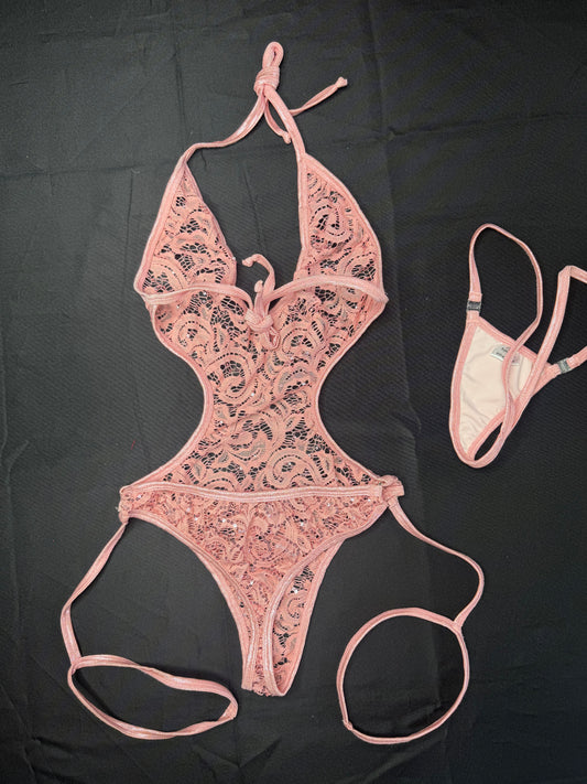 Nude Lace/Metallic Pink Trim One-Piece Lingerie Outfit