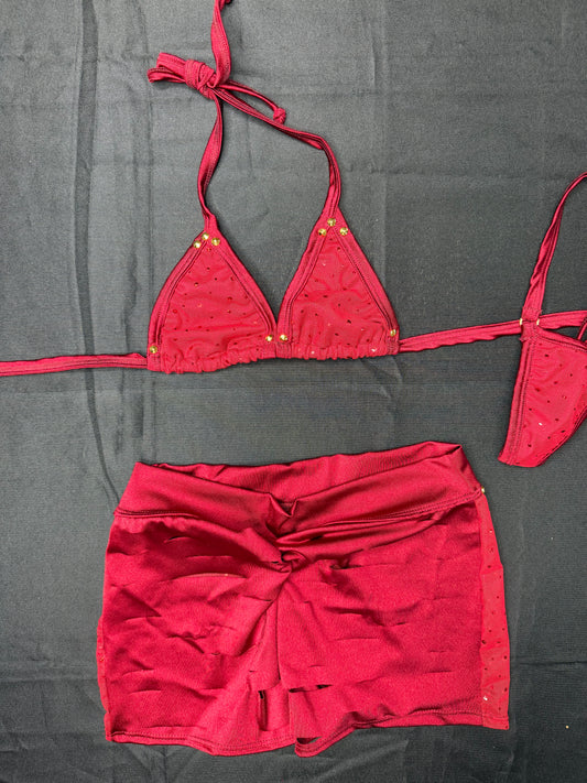 Red Mesh/Burgundy Spandex Two-Piece Shorts Lingerie Outfit