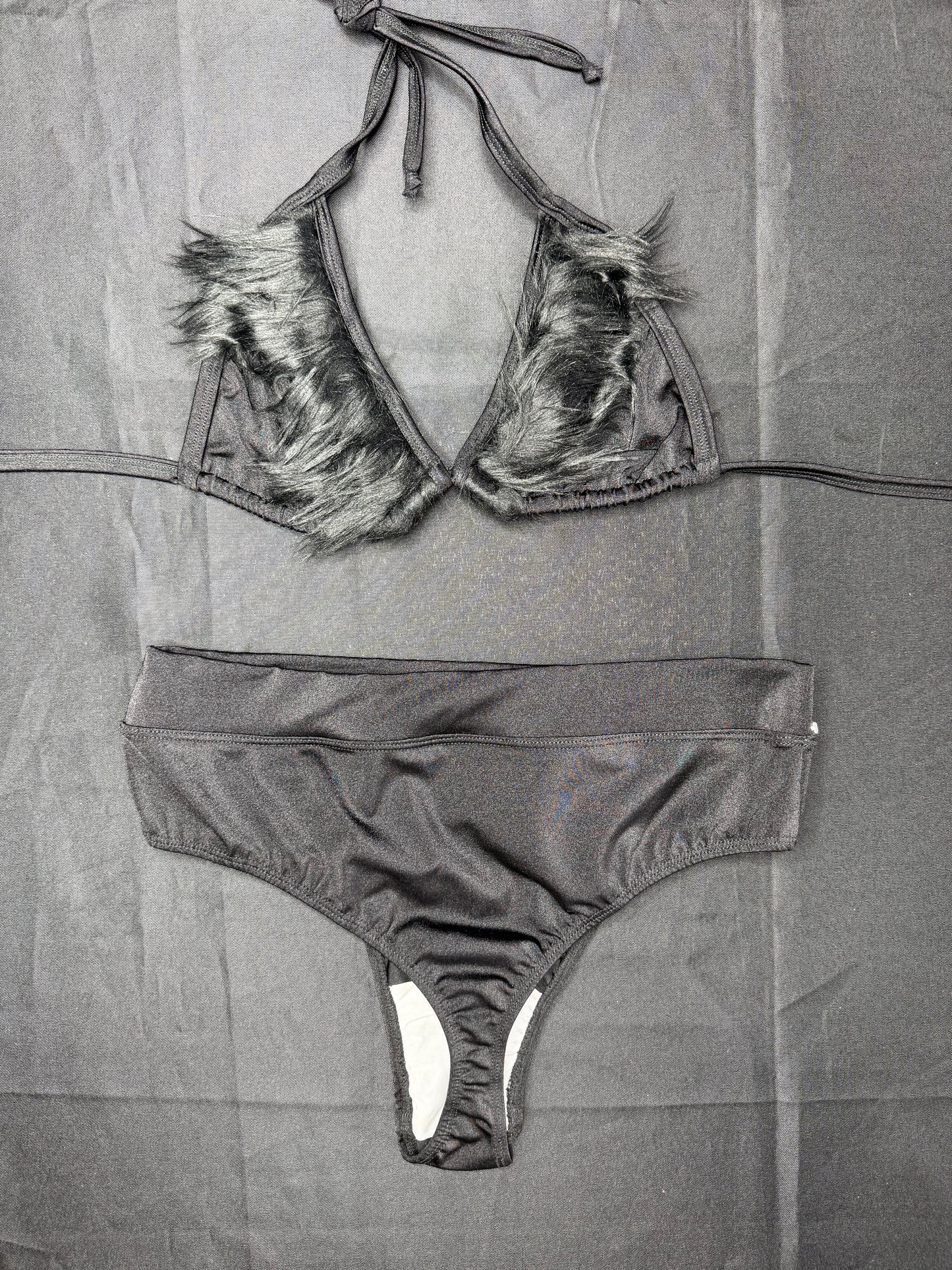 Black Faux Fur/Black Spandex Bikini Top/Shorts Two-Piece Lingerie Outfit