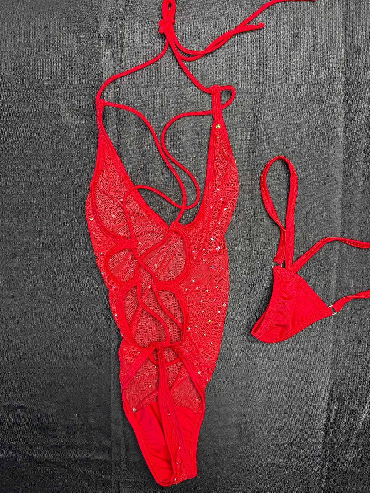 Red Sparkle Mesh/Red Spandex One-Piece Lingerie Outfit