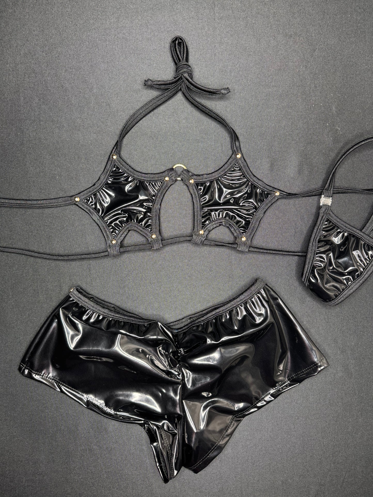 Black Latex Star Top/Shorts Two-Piece Lingerie Outfit