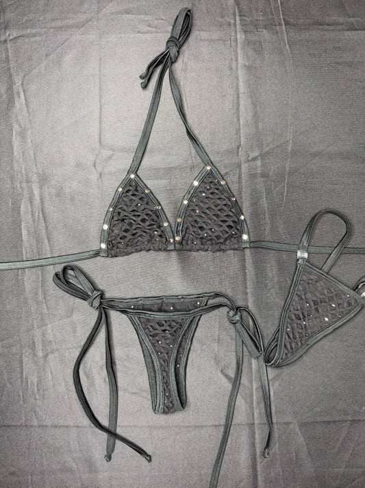 Black Mesh/Fishnet Spandex Two-Piece Bikini Lingerie Outfit