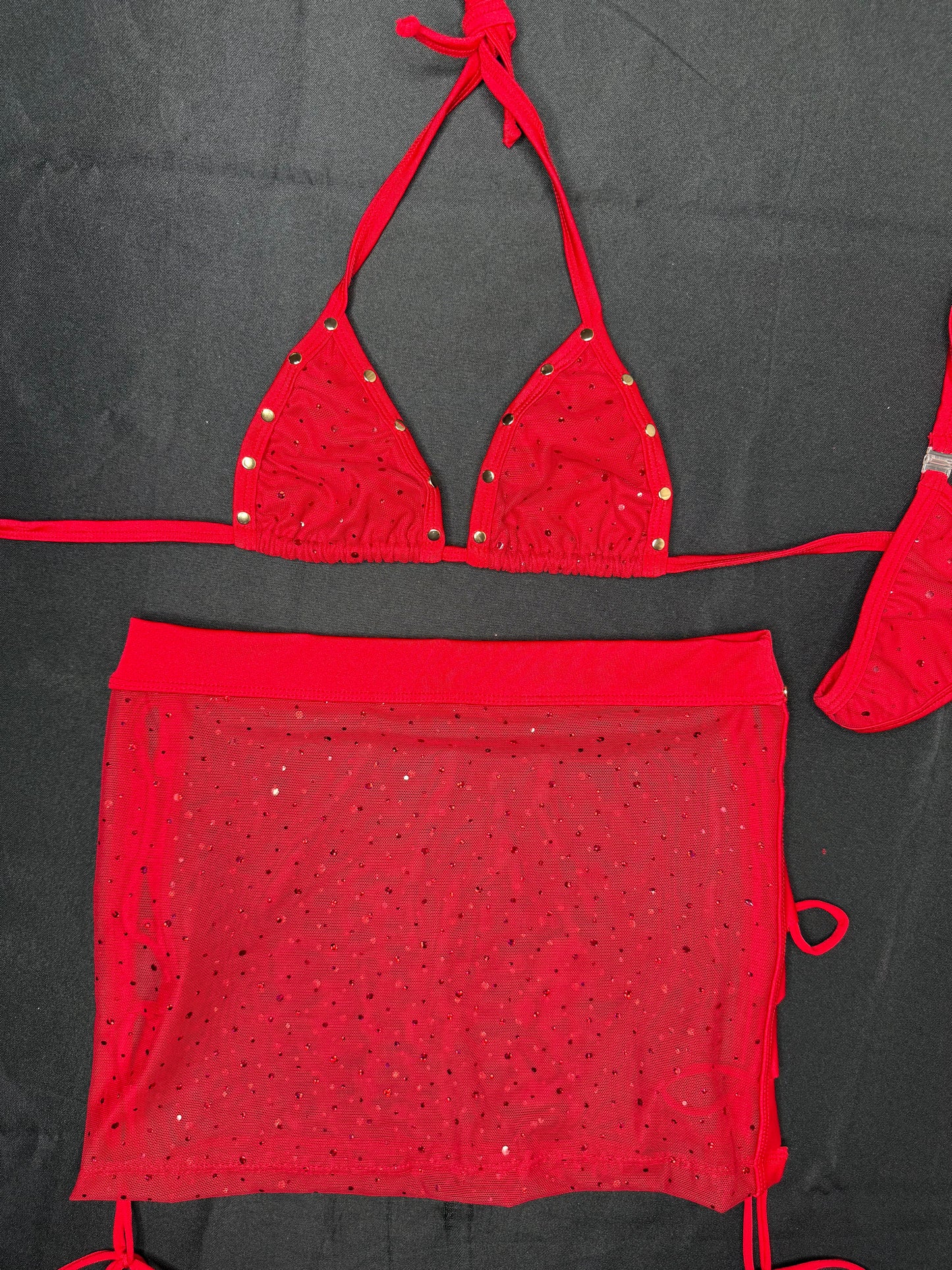 Red Mesh Bikini Top/Skirt Two-Piece Lingerie Outfit