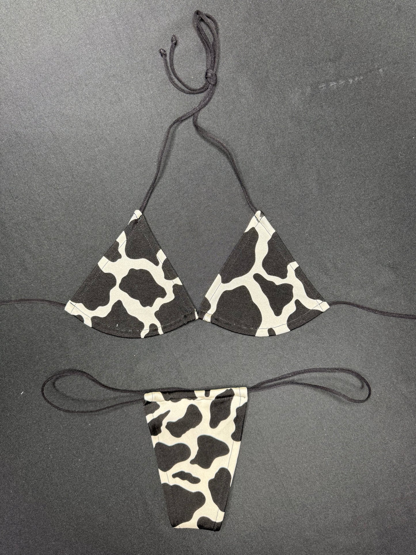 Black/White Cow Print Two-Piece Micro Bikini Lingerie Outfit