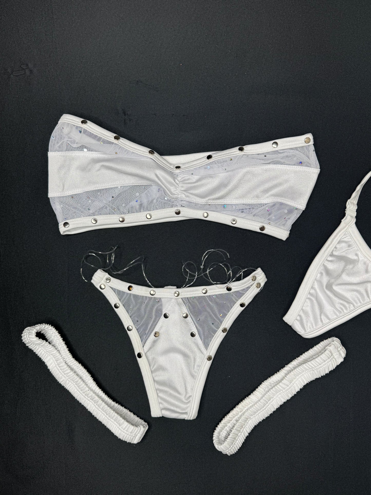 White Mesh/Spandex Three-Piece Tube Top Bikini/Garters Lingerie Outfit