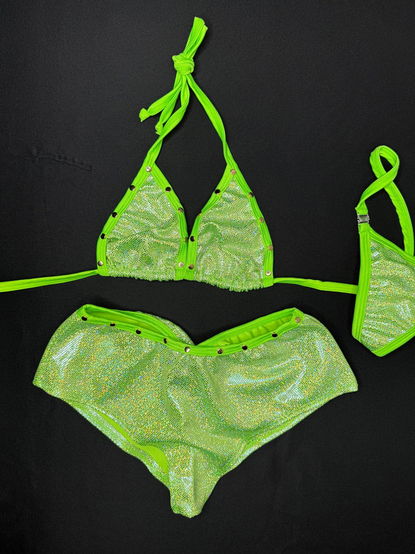 Metallic Lime Green Bikini Top/Shorts Two-Piece Lingerie Outfit