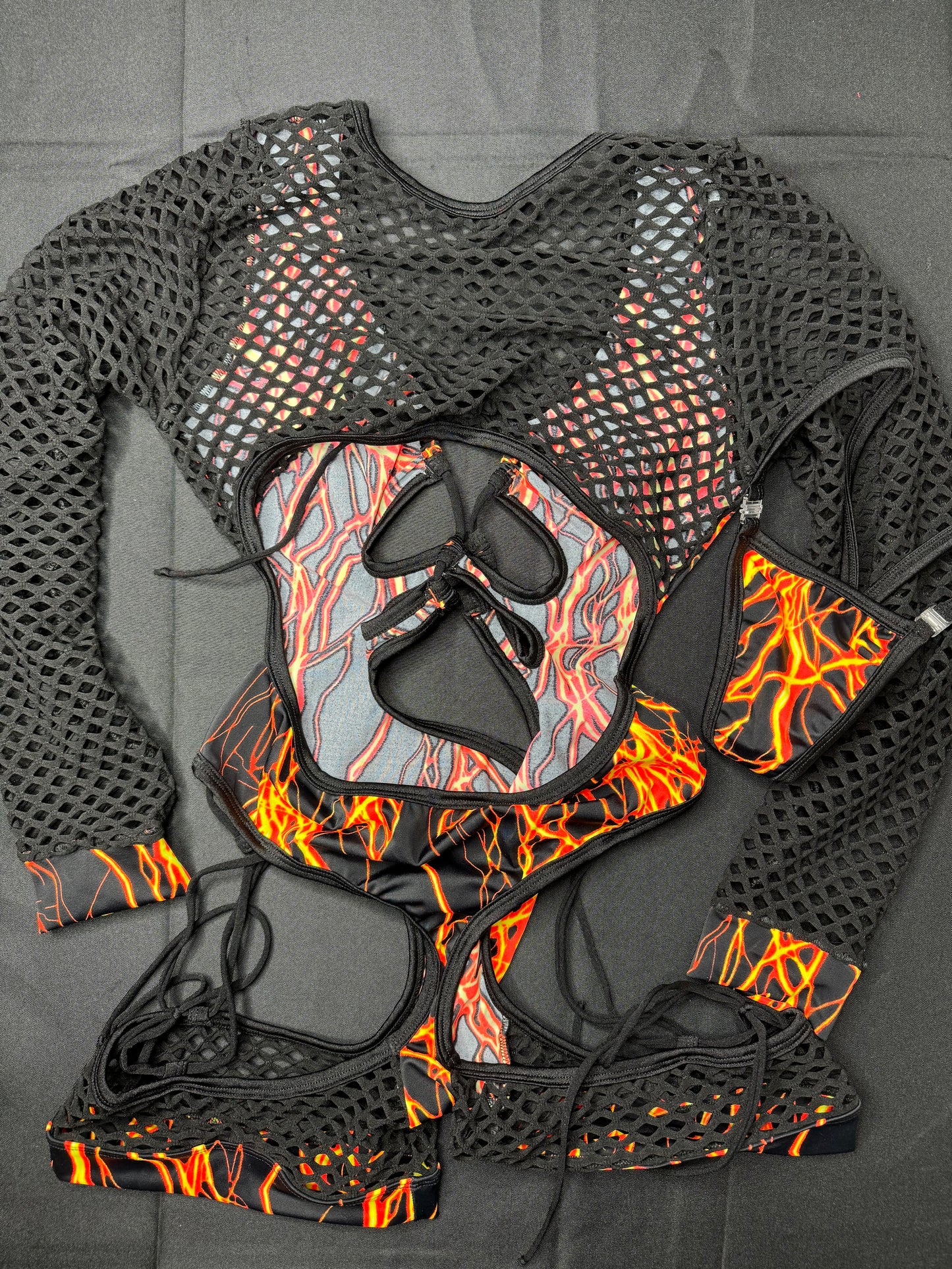 Orange Lightning/Black Fishnet Bartender Romper Outfit