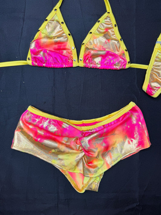Yellow/Pink Spandex One-Piece Lingerie Outfit