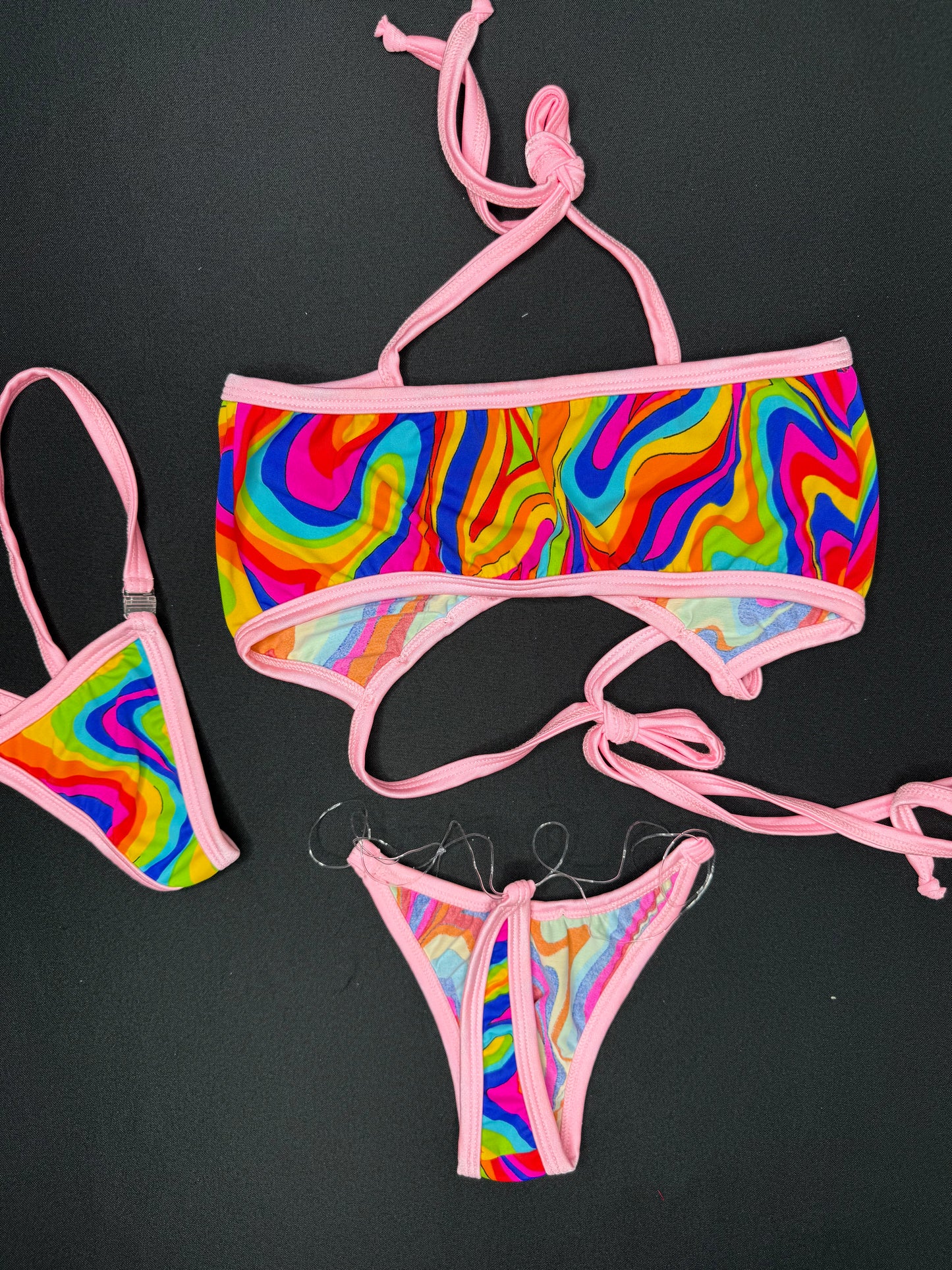 Rainbow Print/Baby Pink Sports Bra/Bikini Bottoms Two-Piece Lingerie Outfit