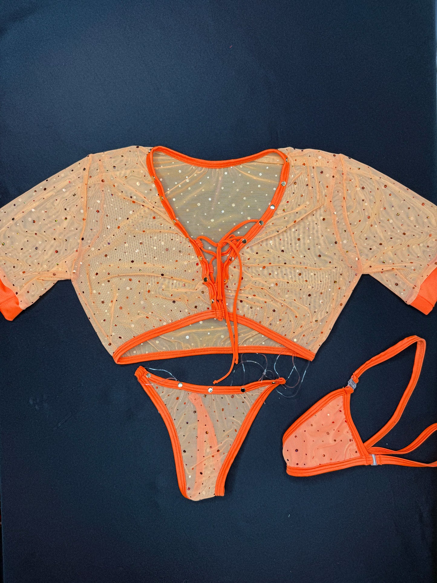 Orange Sparkle Mesh Short Sleeve Top/Silicone String Bottoms Two-Piece Lingerie Outfit
