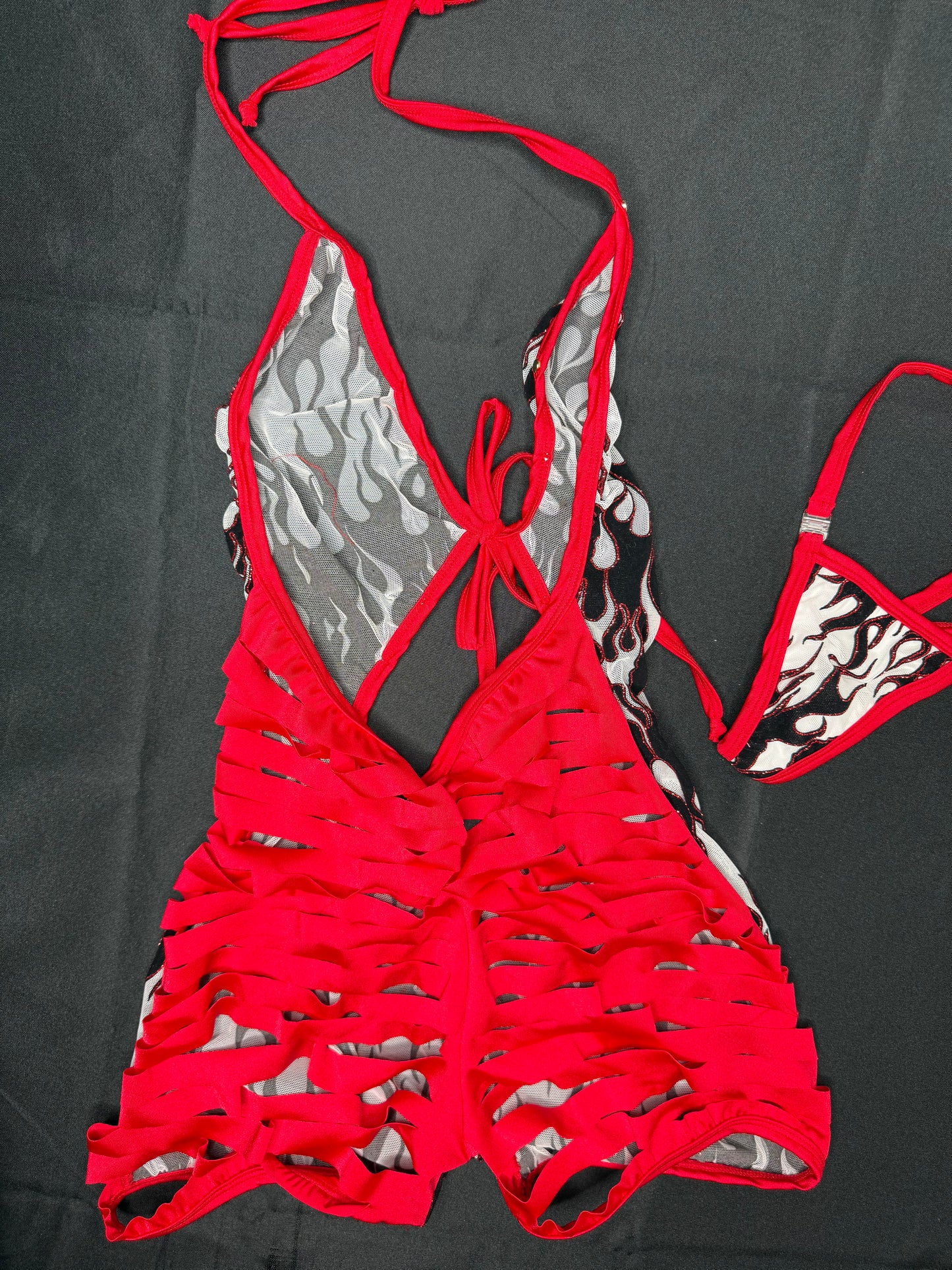 White Fire Mesh/Red Spandex One-Piece Ripped Back Lingerie Outfit