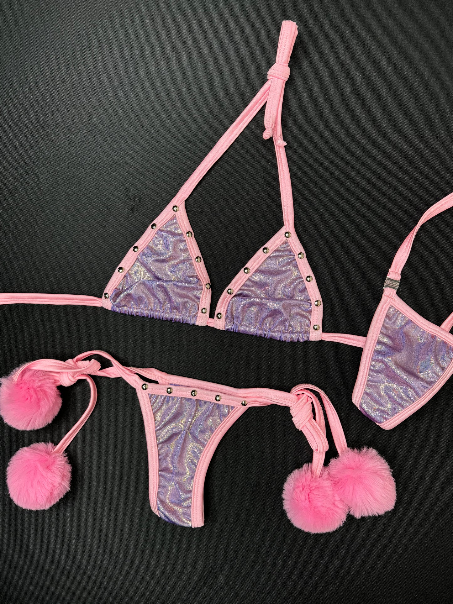 Metallic Lavender/Baby Pink Furballs Two-Piece Bikini Lingerie Outfit