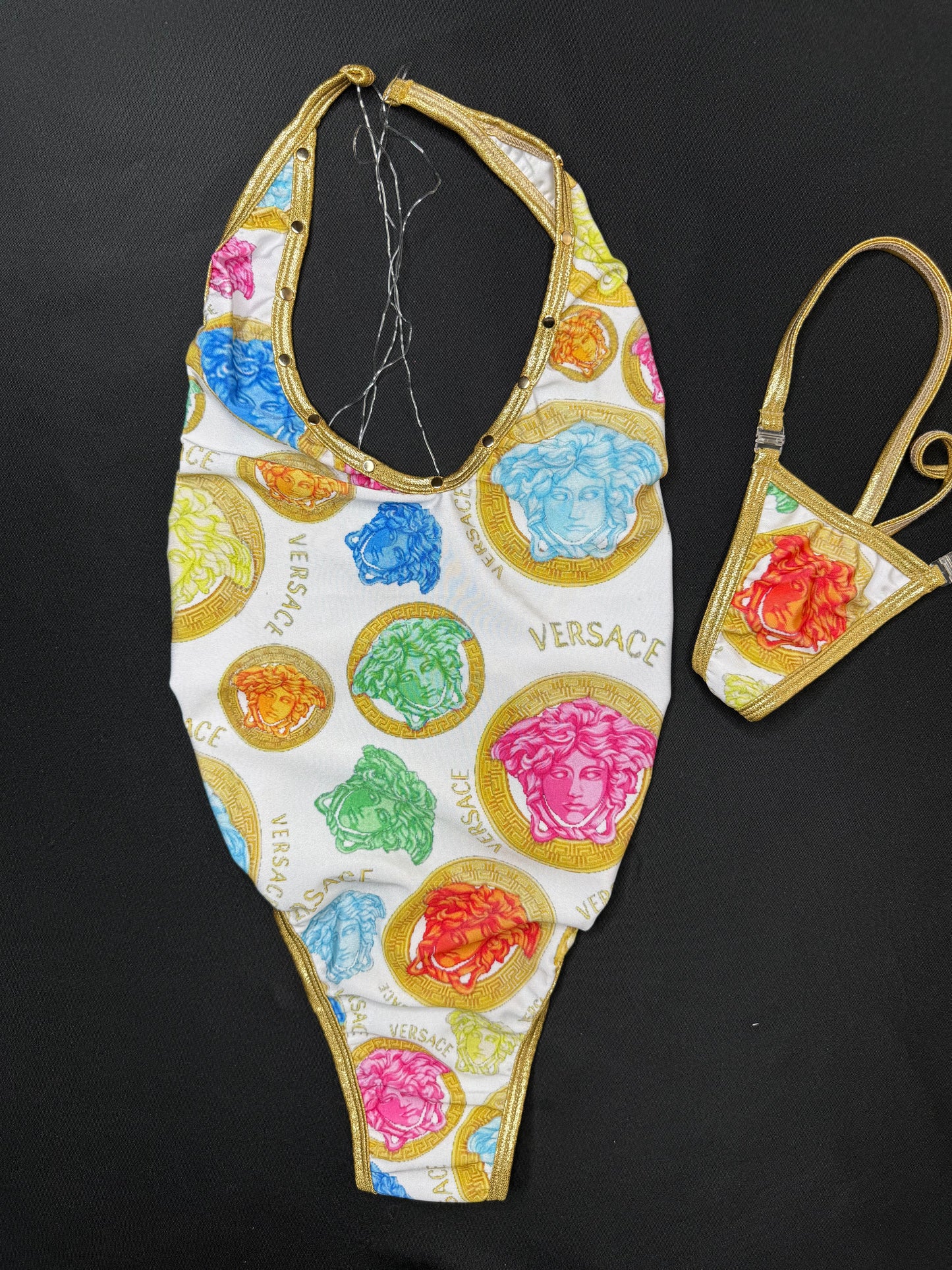 Gold/White Designer One-Piece Silicone Back Lingerie Outfit