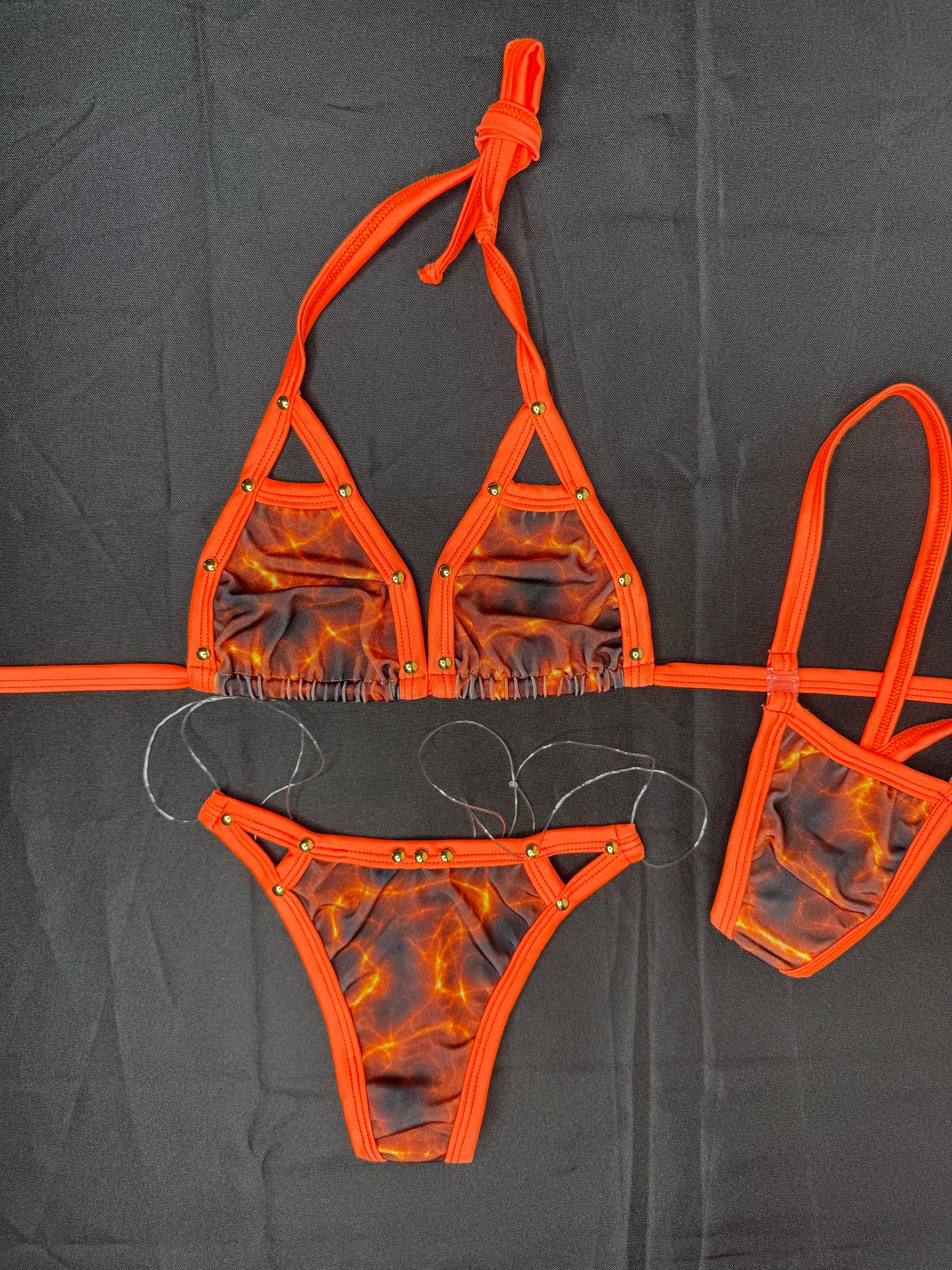 Orange Print Spandex Two-Piece Silicone String Bottoms Bikini Lingerie Outfit
