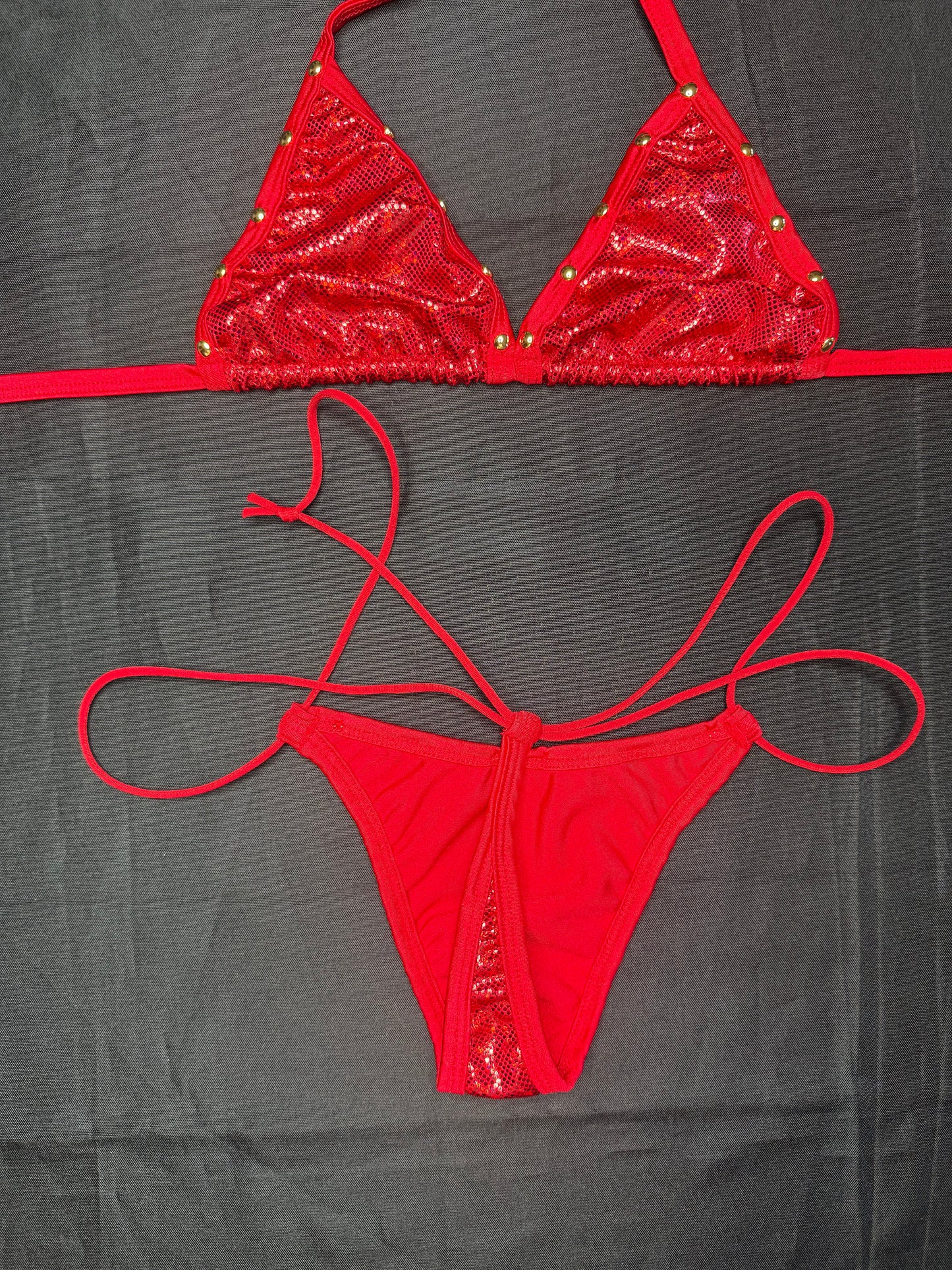 Metallic Red Spandex/Red Mesh Three-Piece Lingerie Outfit