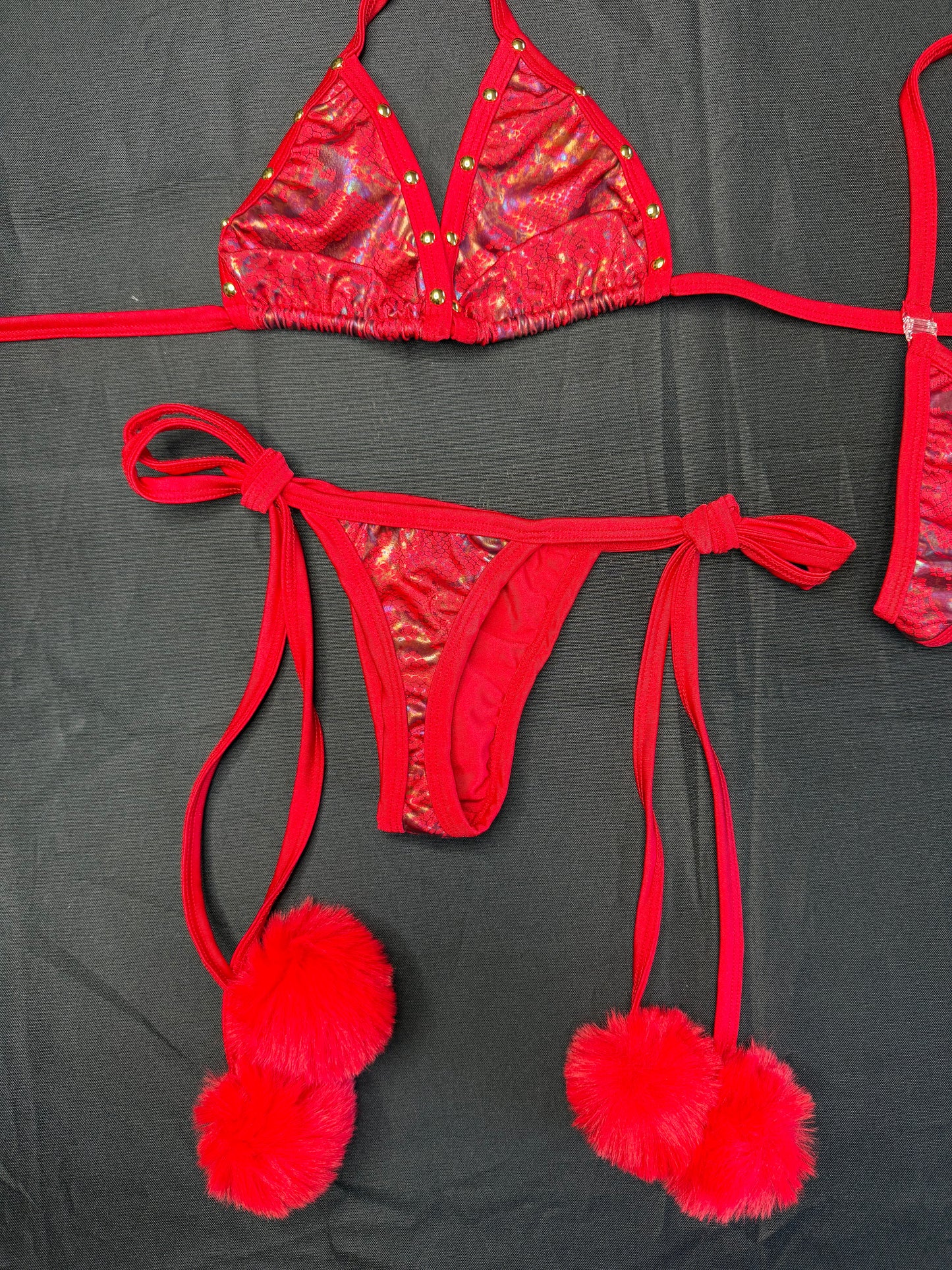 Red Animal Print/Red Spandex Pom Pom Two-Piece Bikini Lingerie Outfit