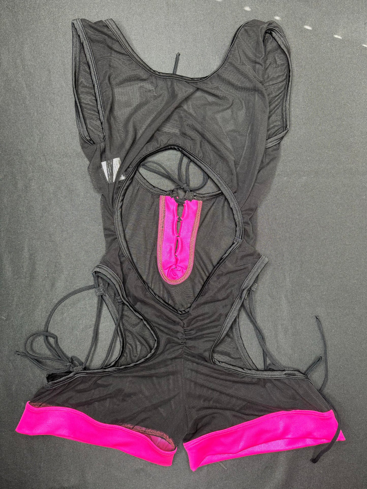 Hot Pink/Black Mesh Shoulder Romper Lingerie Outfit