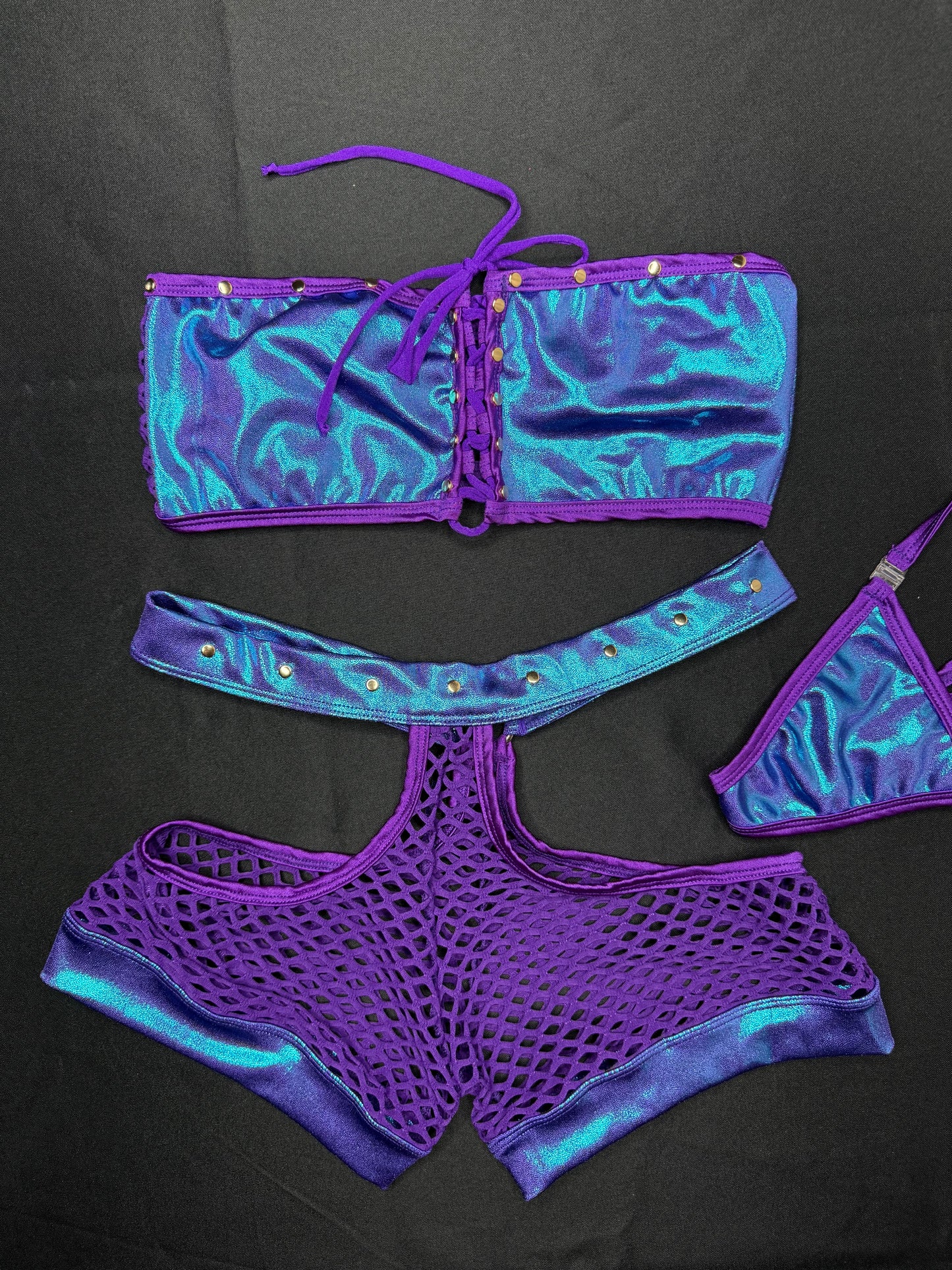 Metallic Purple/Purple Fishnet Spandex Tube Top/Shorts Two-Piece Lingerie Outfit