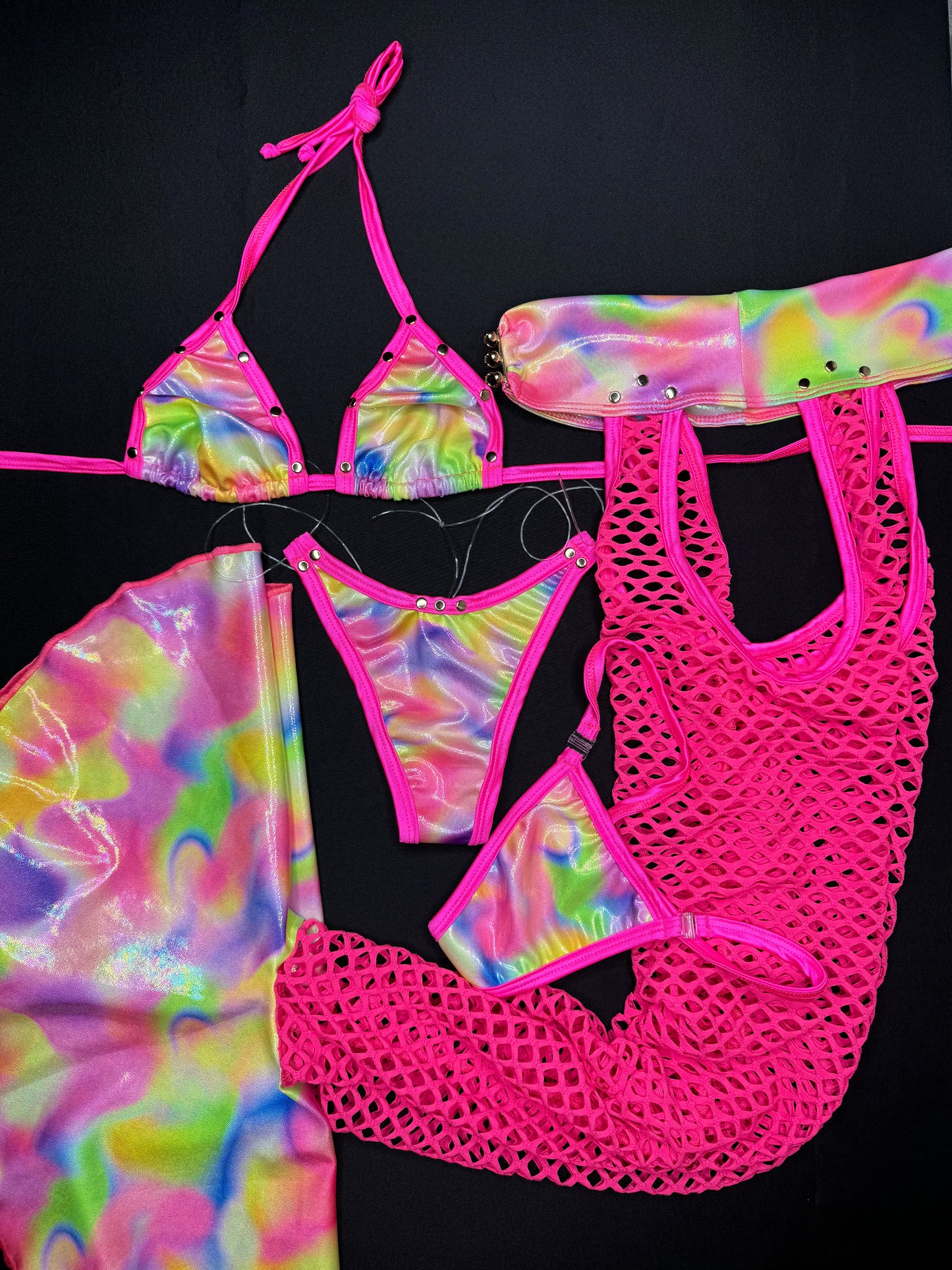 Metallic Rainbow/Hot Pink Fishnet Chaps Leg Outfit