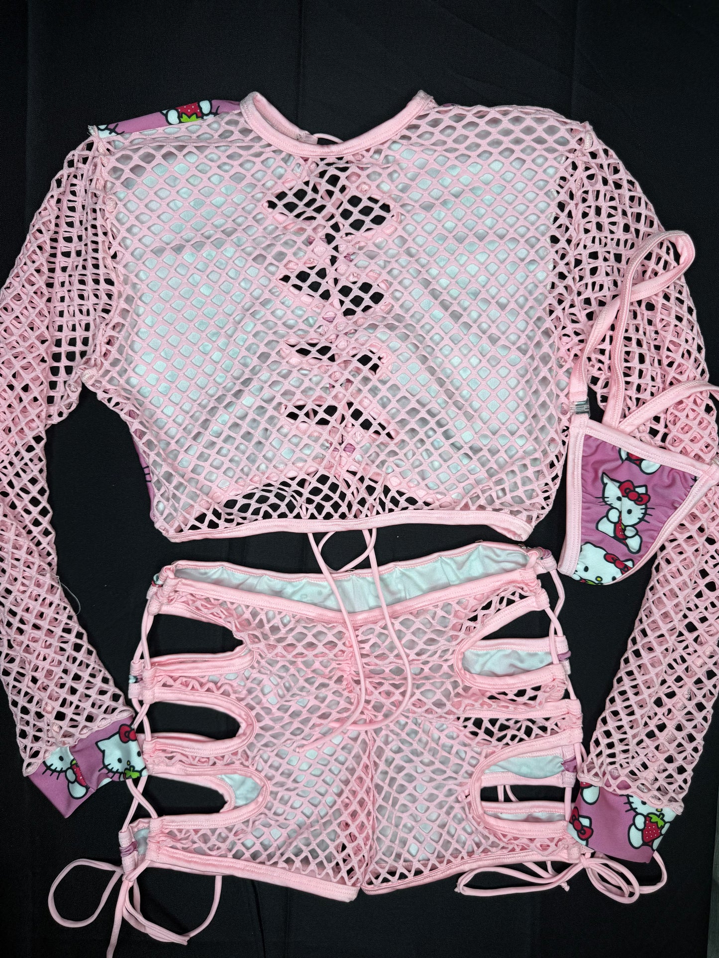 Baby Pink Kitty/Fishnet Spandex Two-Piece Lingerie Outfit