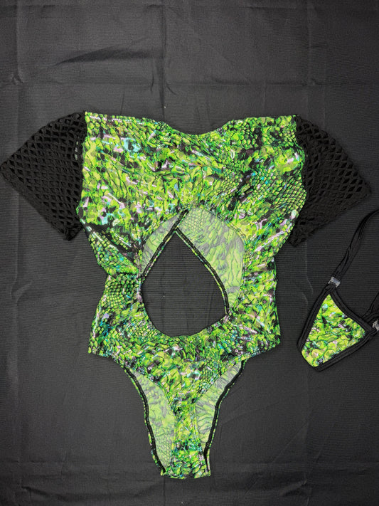 Metallic Green/Black Spandex Short Sleeve Leotard One-Piece Lingerie Outfit