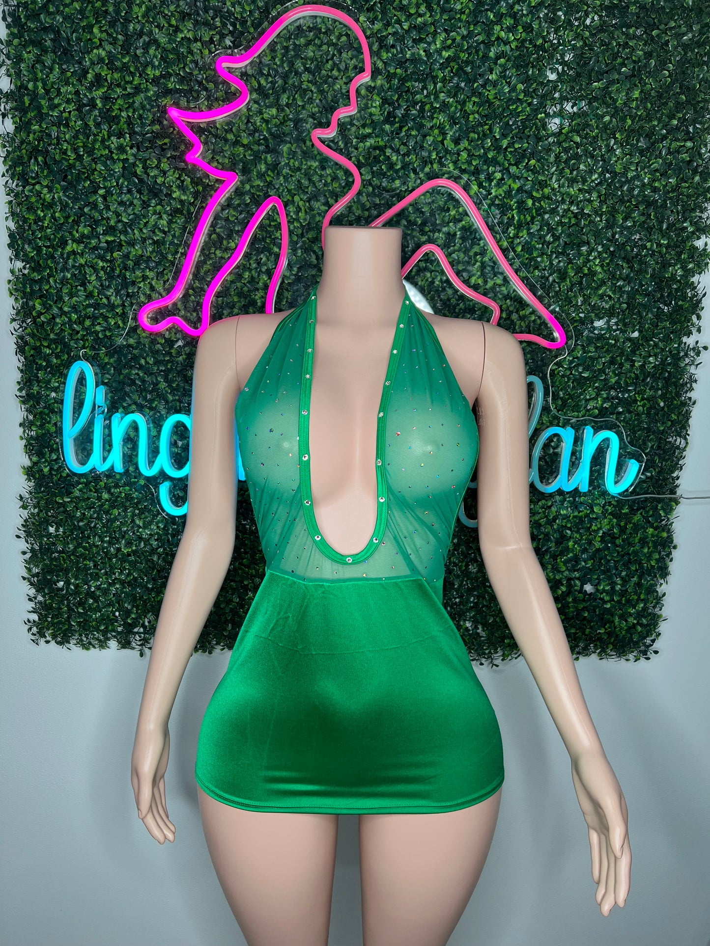 Green Mesh/Green Metallic Spandex One-Piece Lingerie Outfit