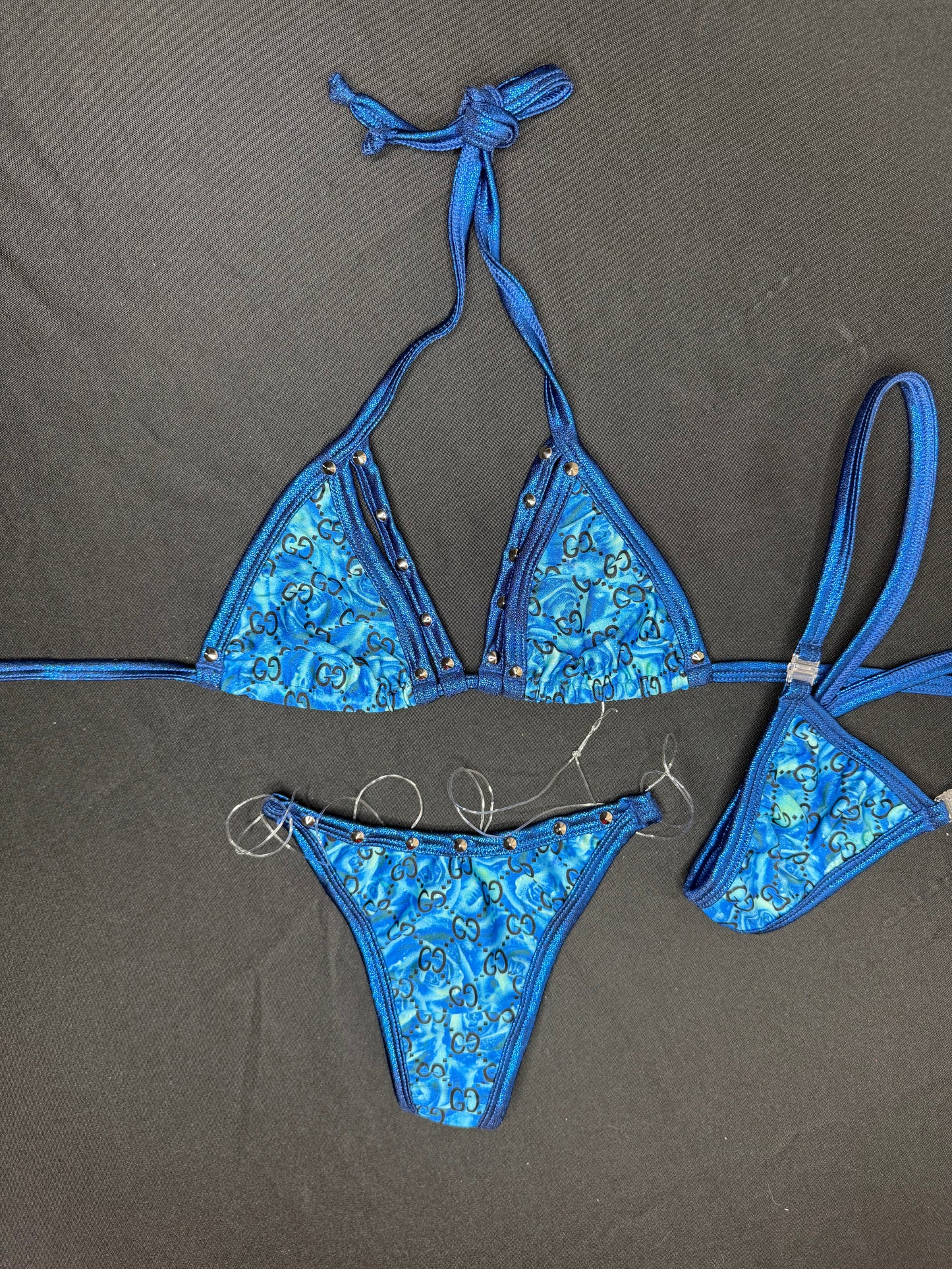 Metallic Blue/Blue Designer Two-Piece Side-Tie Bikini Lingerie Outfit