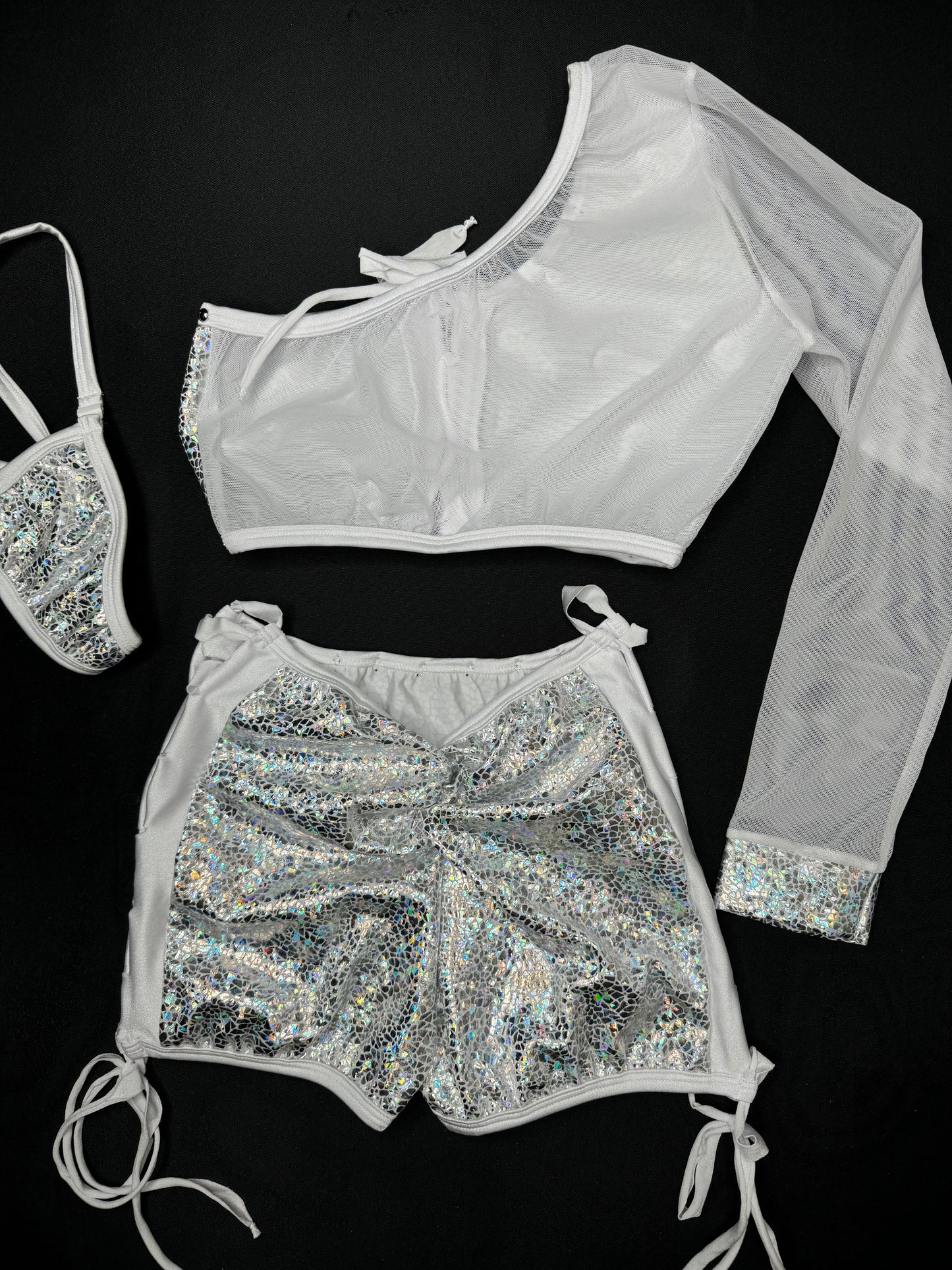 Metallic White/White Mesh Single Sleeve Top/Shorts Two-Piece Lingerie Outfit
