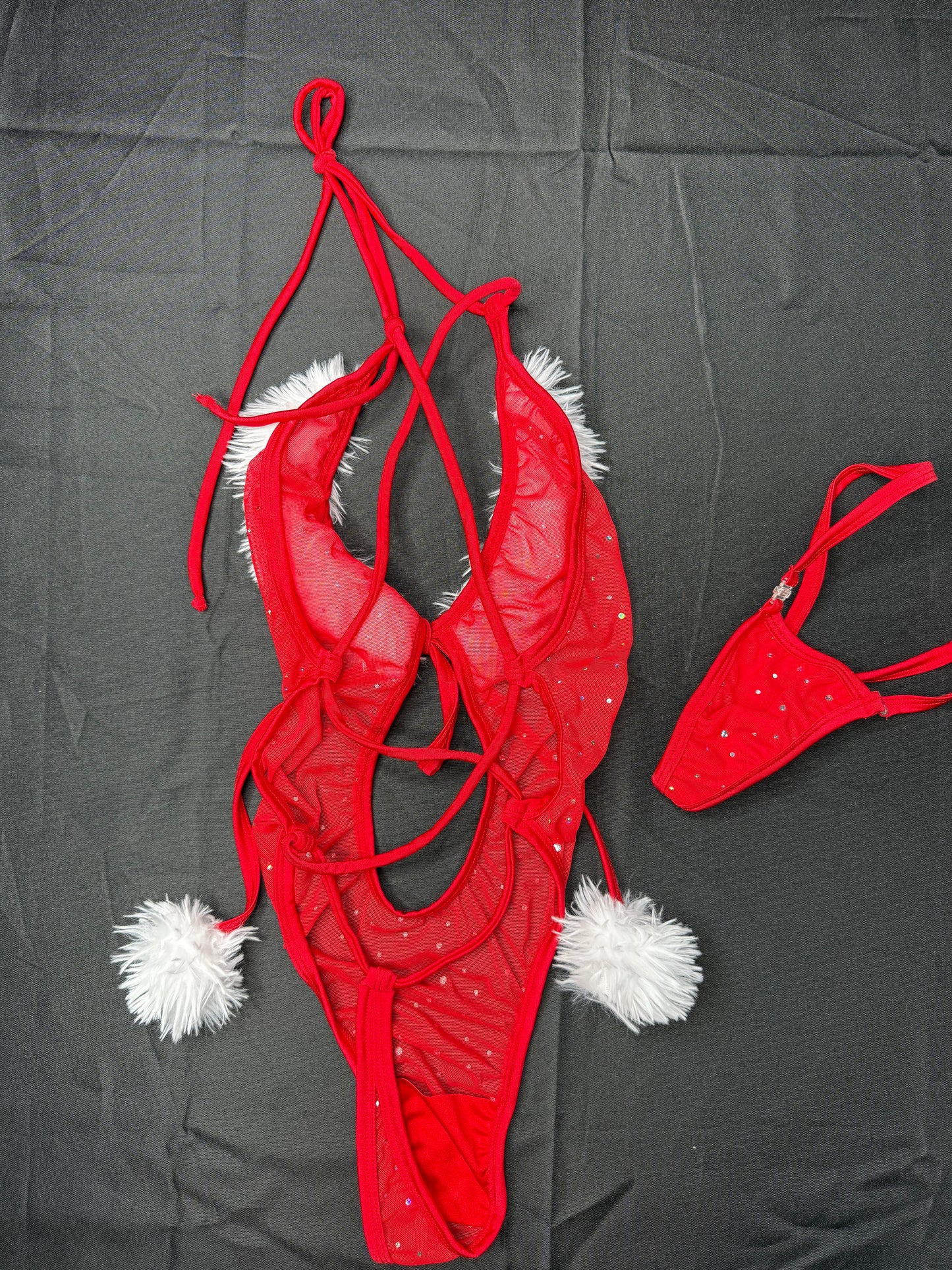 Red Mesh/White Fur One-Piece Christmas Lingerie Outfit